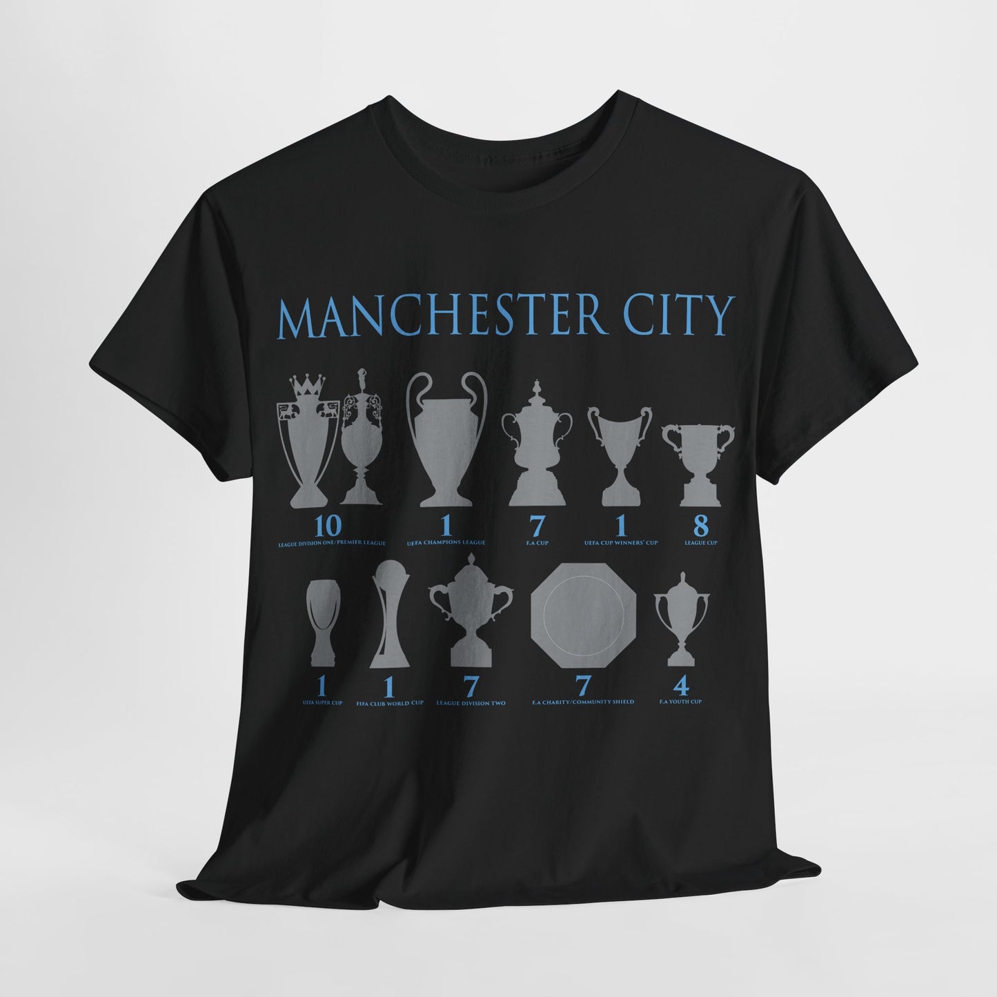 Manchester City Trophies Unisex Heavy Cotton T-Shirt - Light Blue/White/Black/Navy