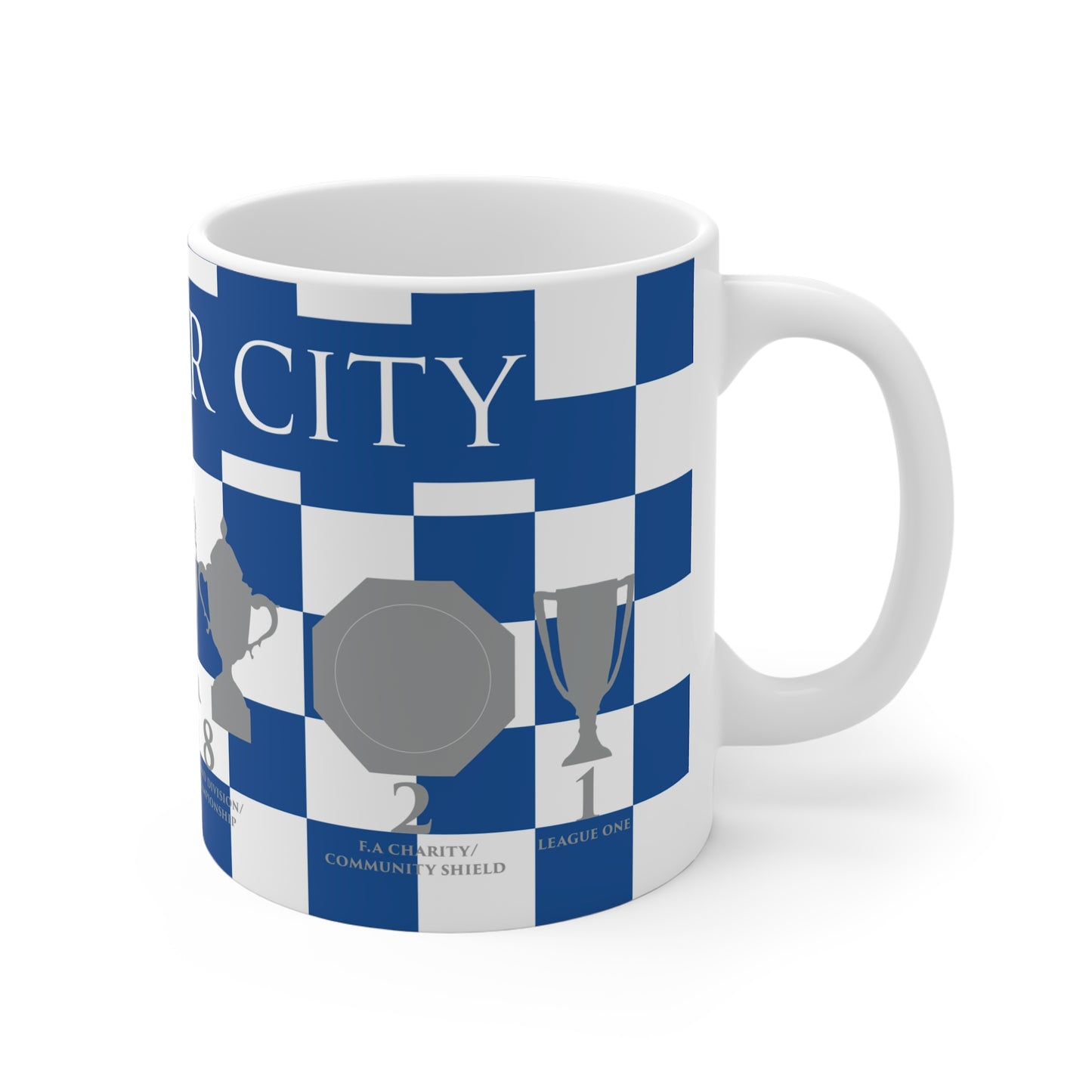 Leicester City Blue & White Chequered Trophies Mug - White Header Text
