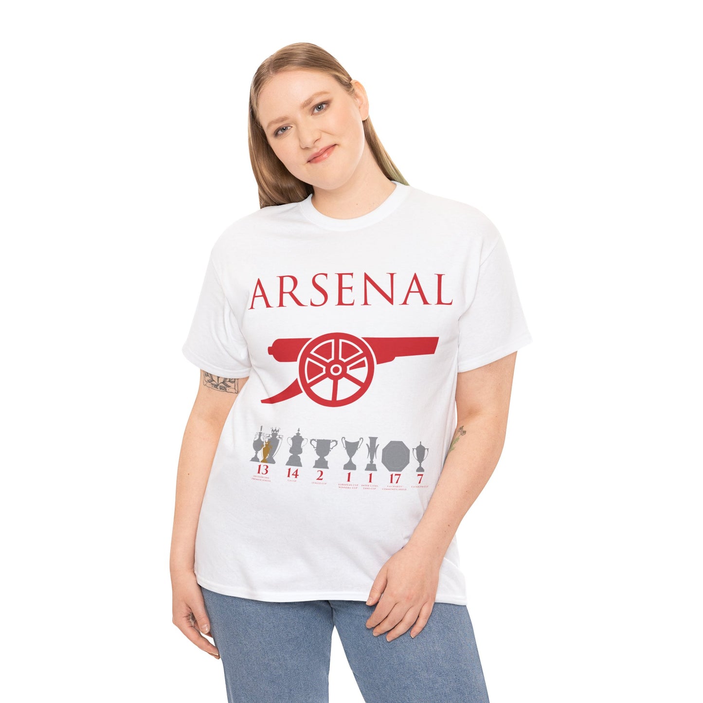 Arsenal Cannon & Trophies Unisex Heavy Cotton T-Shirt - Red/White/Black/Gold/Royal