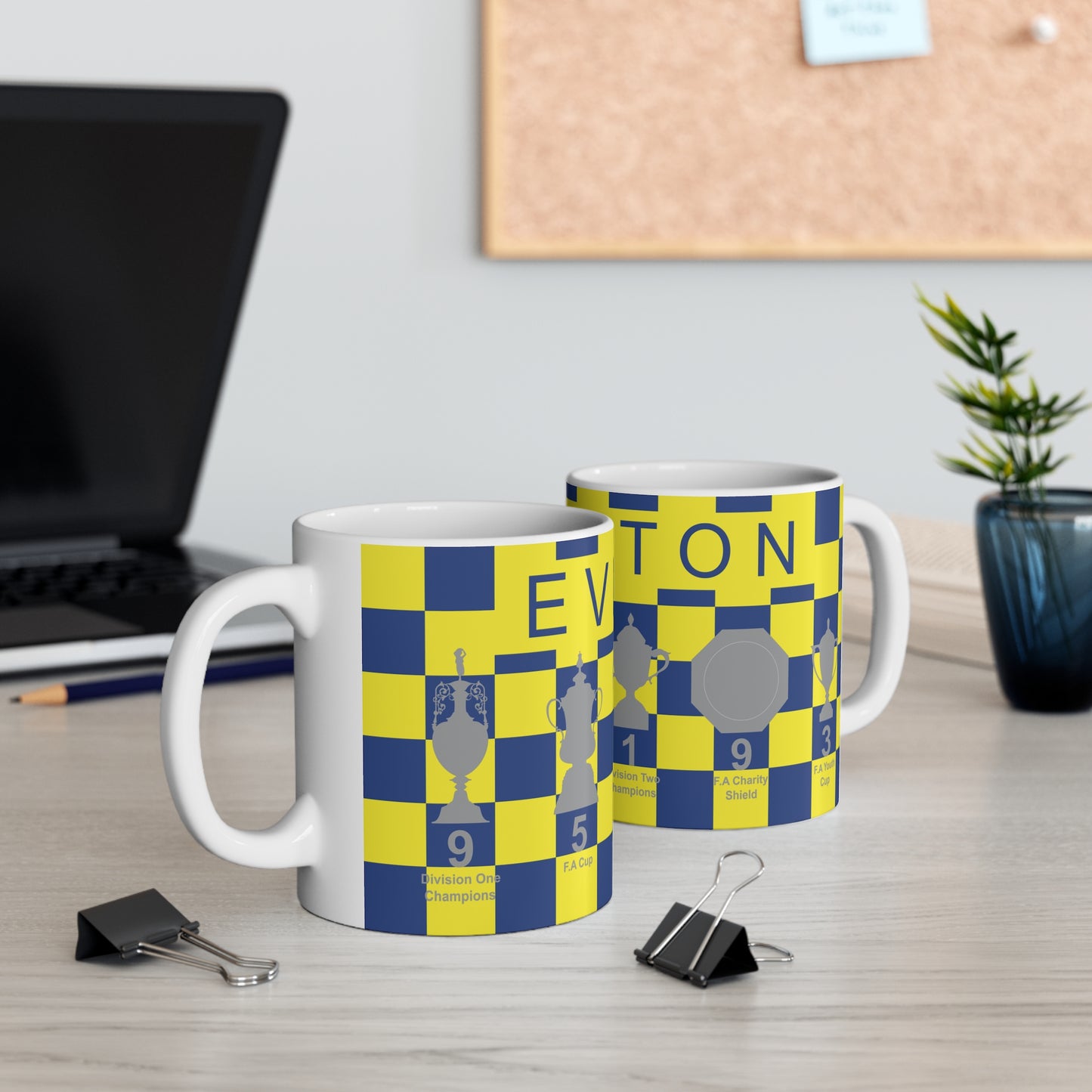 Everton Yellow & Blue Chequered Trophies Mug - Blue Header Text