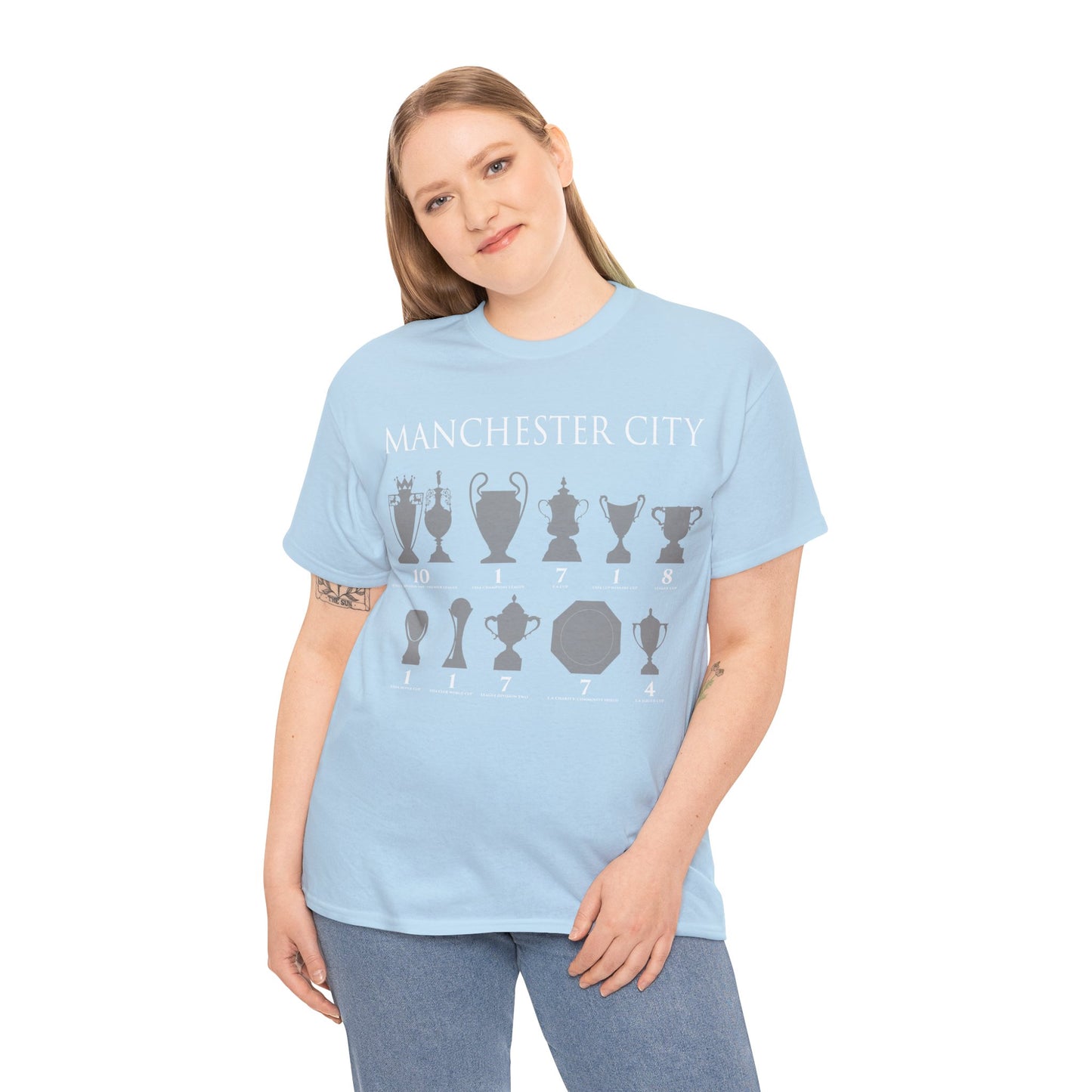 Manchester City Trophies Unisex Heavy Cotton T-Shirt - Light Blue/White/Black/Navy