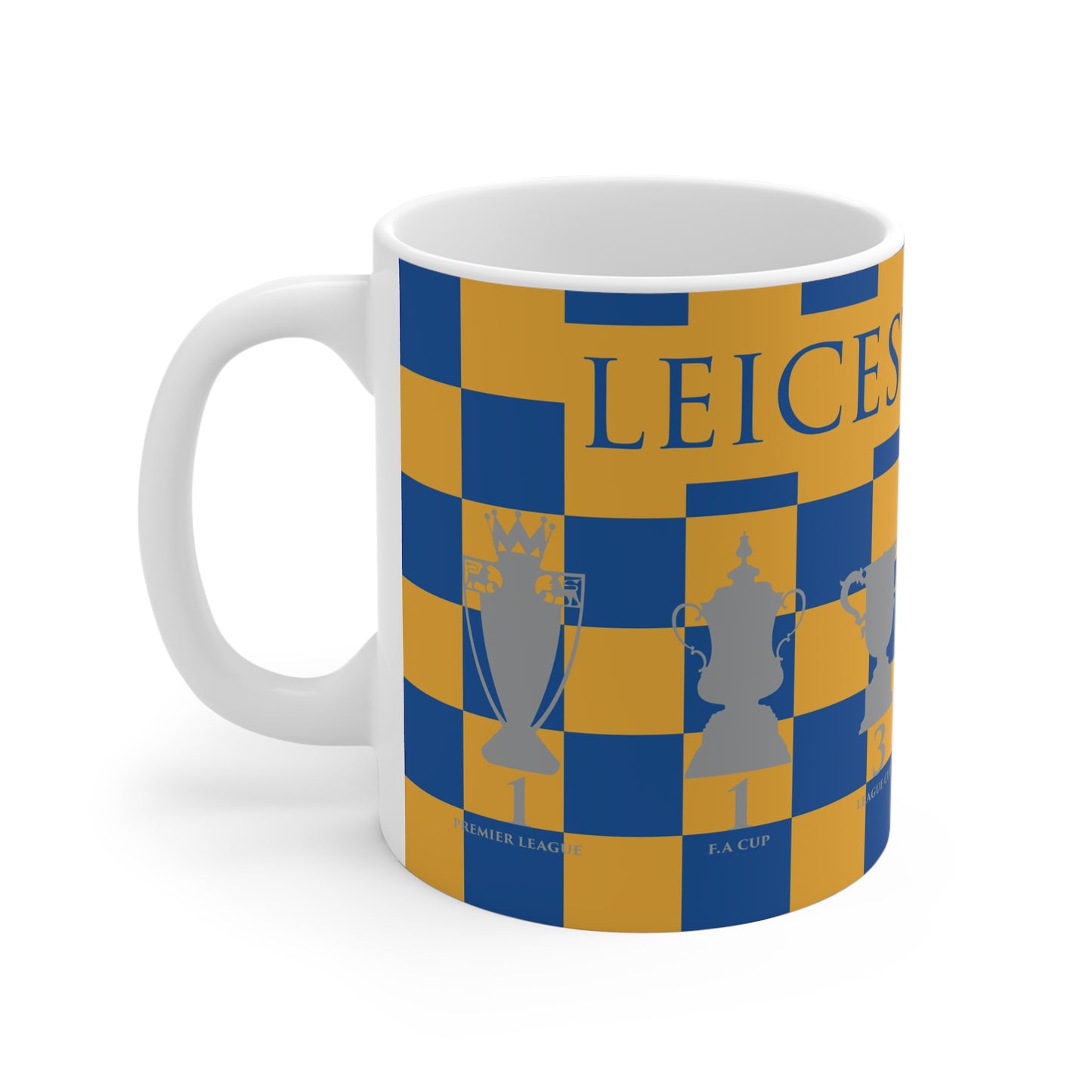 Leicester City Yellow & Blue Chequered Trophies Mug - Blue Header Text