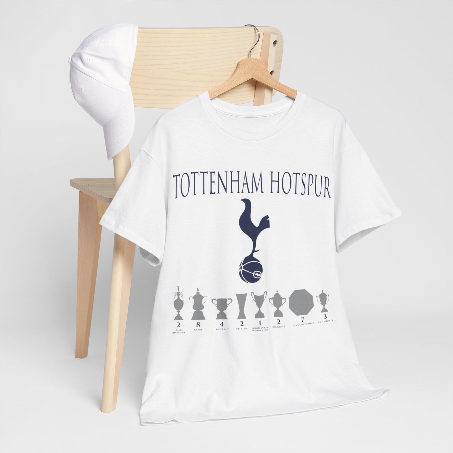 Tottenham Hotspur Cockerel & Trophies Unisex Heavy Cotton T-Shirt - Navy/White/Black/Gold/Light Blue/Royal