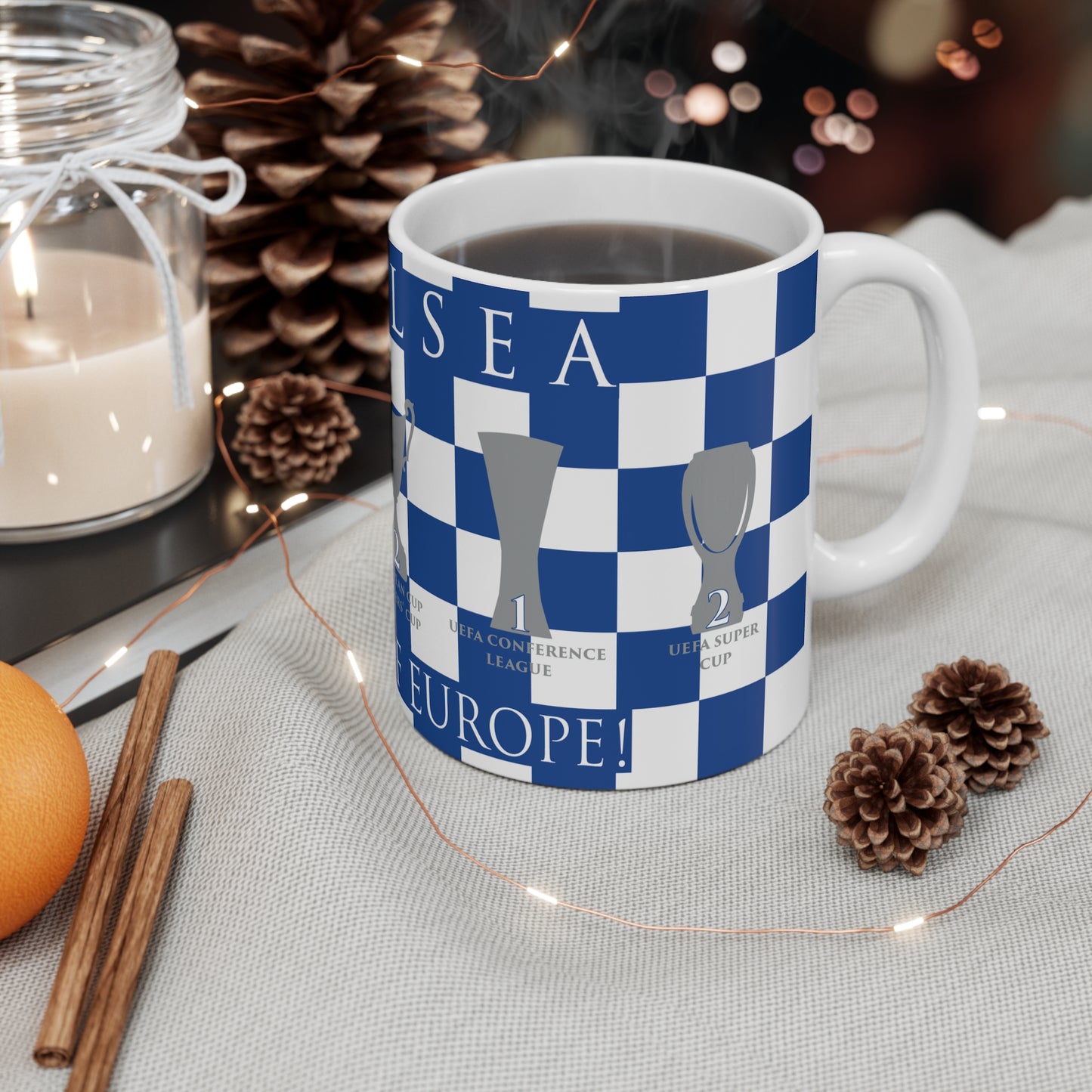Chelsea Blue & White Chequered Kings Of Europe Mug - White Header Text