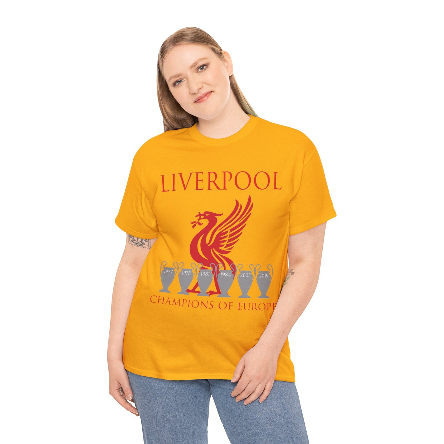 Liverpool Champions of Europe Unisex Heavy Cotton T-Shirt - Red/White/Black/Gold/Sport Grey/Charcoal