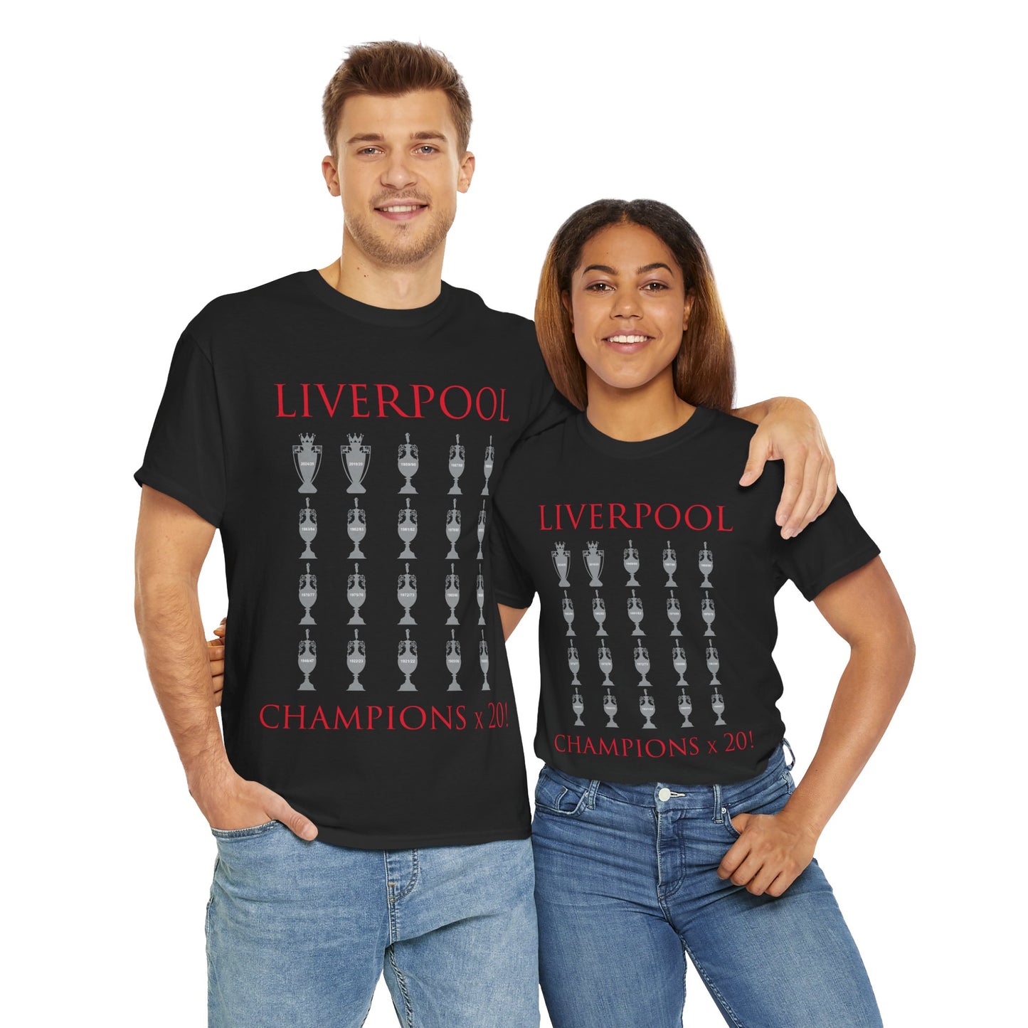 Liverpool 20 Champions Unisex Heavy Cotton T-Shirt - Red/White/Black/Charcoal/Gold