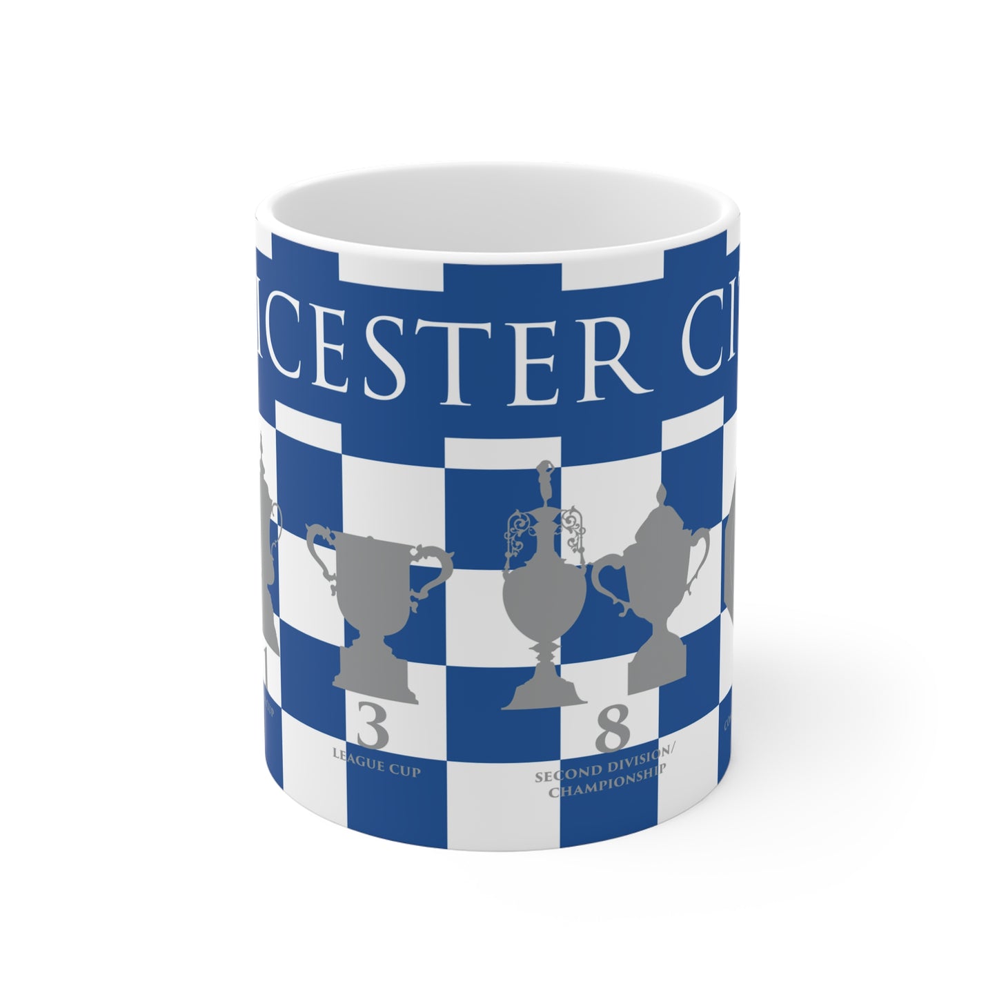 Leicester City Blue & White Chequered Trophies Mug - White Header Text