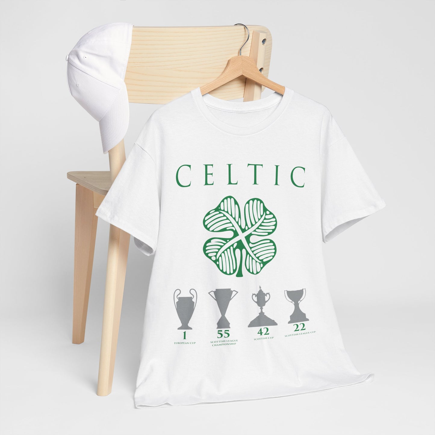 Celtic Clover & Trophies Unisex Heavy Cotton T-Shirt - Irish Green/Black/White/Gold/Sport Grey/Charcoal/Military Green/Forest Green