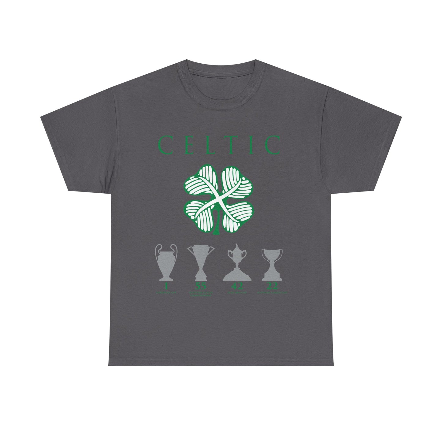 Celtic Clover & Trophies Unisex Heavy Cotton T-Shirt - Irish Green/Black/White/Gold/Sport Grey/Charcoal/Military Green/Forest Green