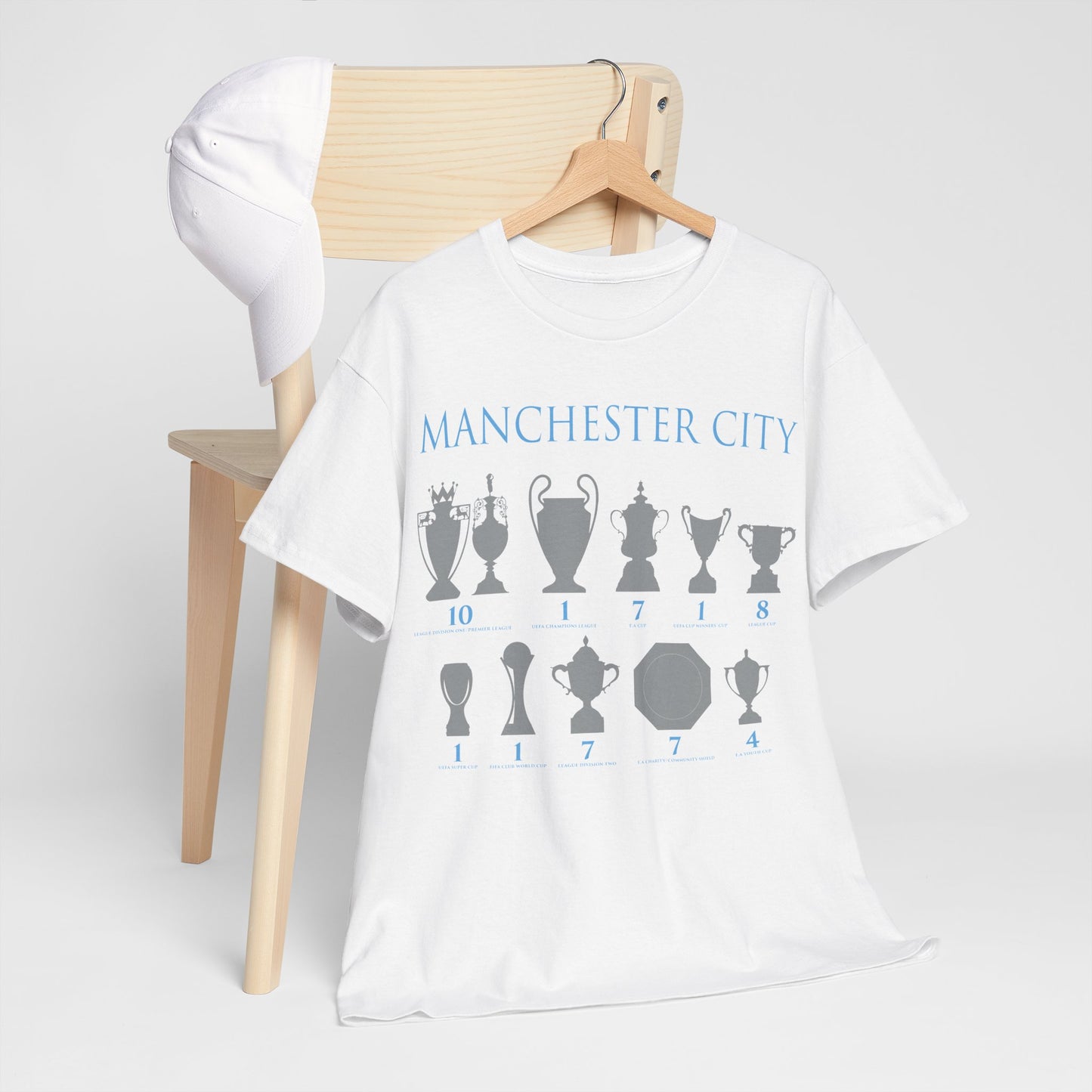 Manchester City Trophies Unisex Heavy Cotton T-Shirt - Light Blue/White/Black/Navy