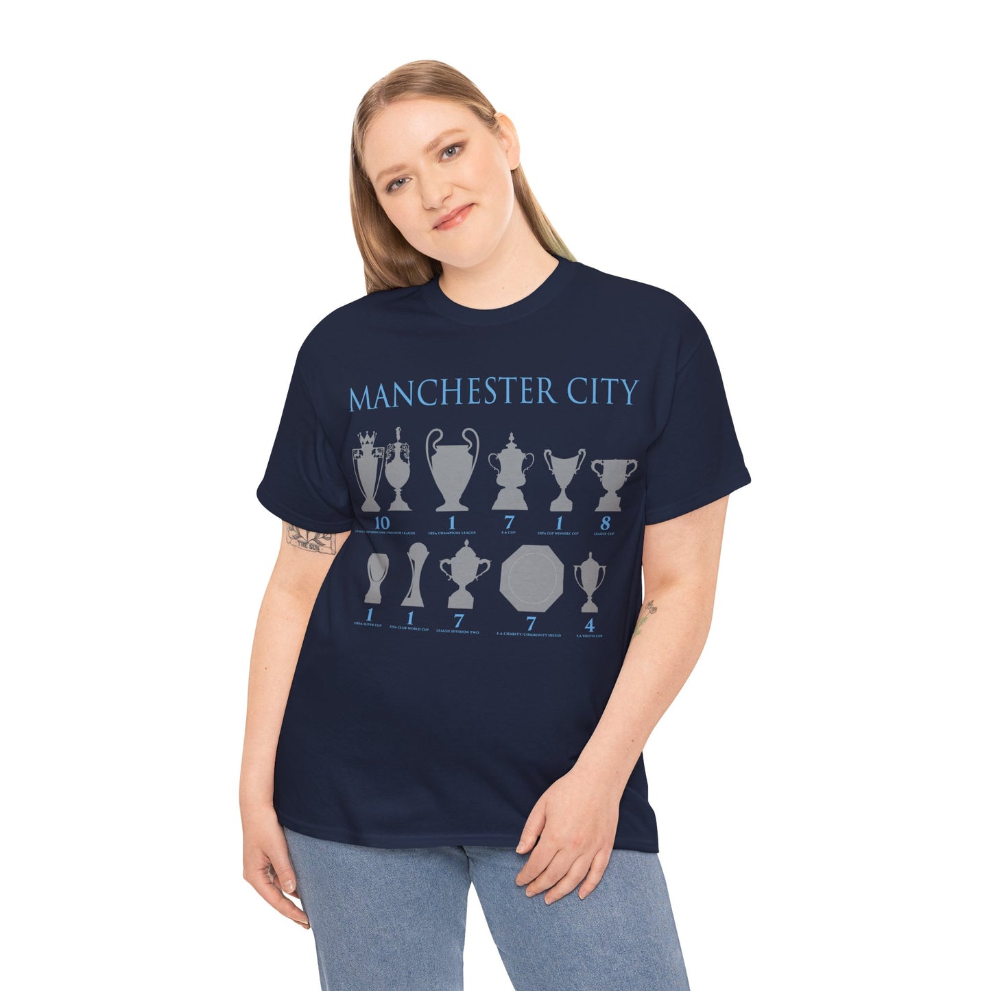 Manchester City Trophies Unisex Heavy Cotton T-Shirt - Light Blue/White/Black/Navy