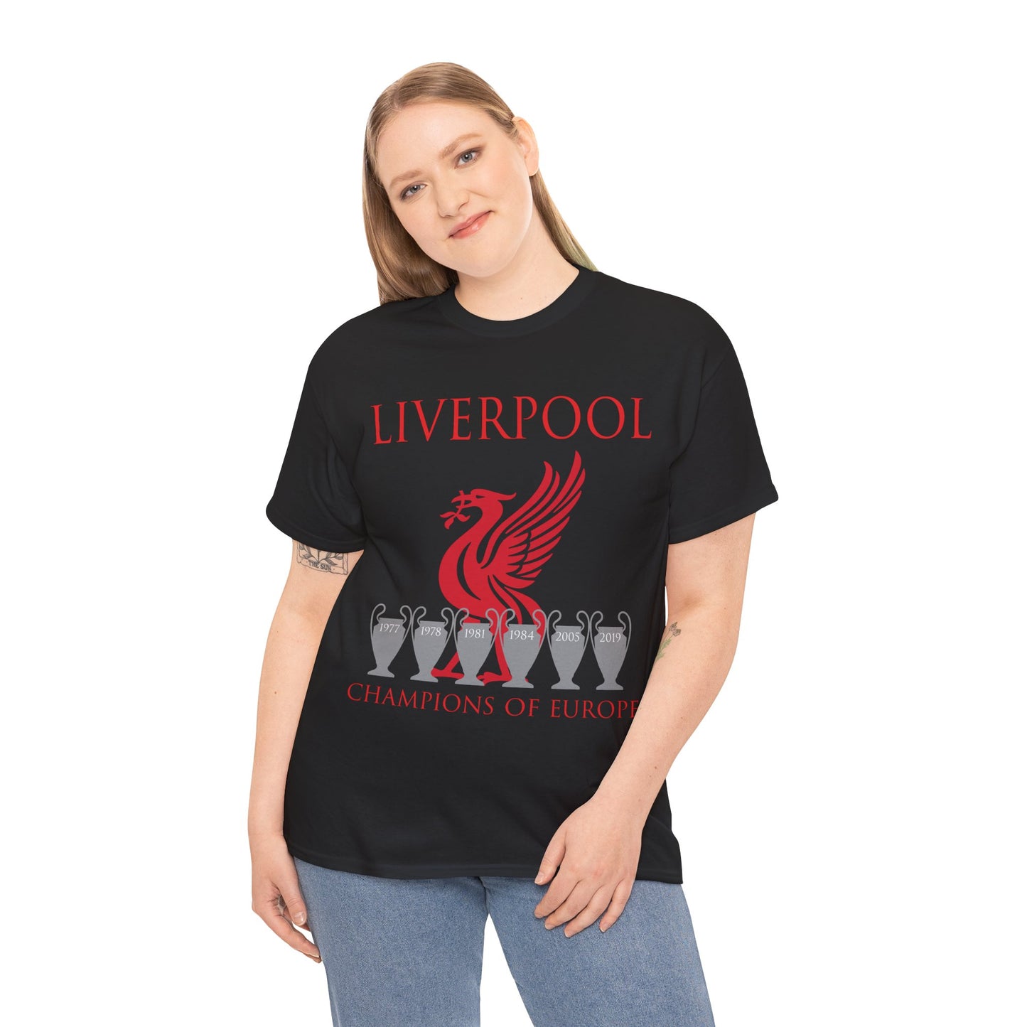 Liverpool Champions of Europe Unisex Heavy Cotton T-Shirt - Red/White/Black/Gold/Sport Grey/Charcoal