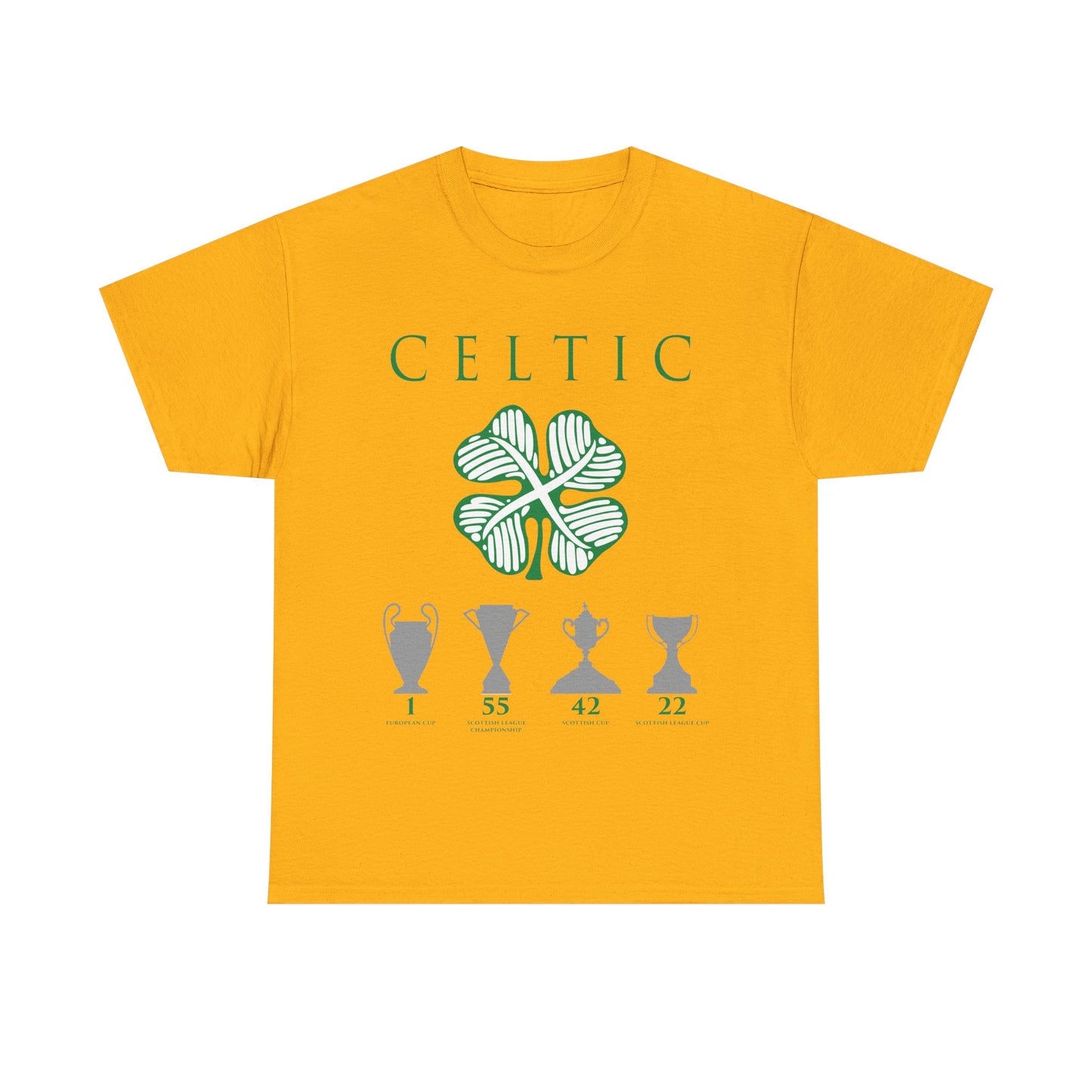 Celtic Clover & Trophies Unisex Heavy Cotton T-Shirt - Irish Green/Black/White/Gold/Sport Grey/Charcoal/Military Green/Forest Green