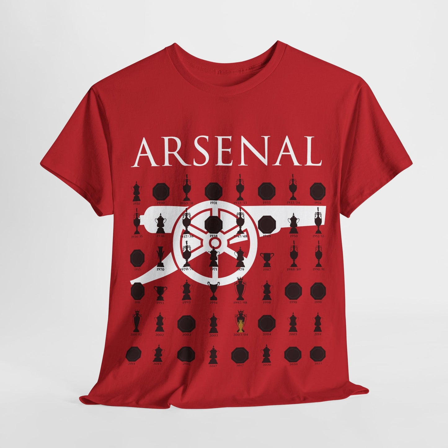 Arsenal Cannon & Trophies Collection Unisex Heavy Cotton T-Shirt - Red/Black/White/Sport Grey/Royal/Gold/Navy