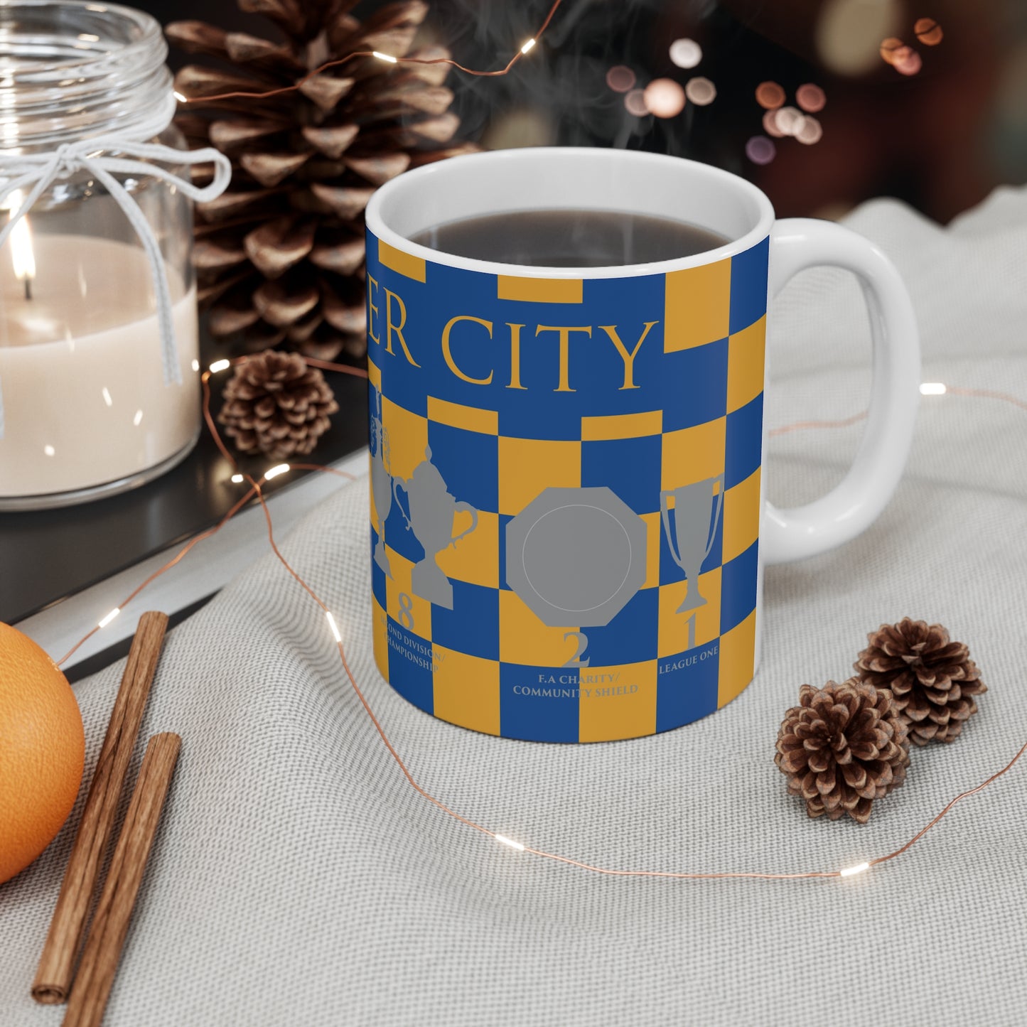 Leicester City Yellow & Blue Chequered Trophies Mug - Yellow Header Text