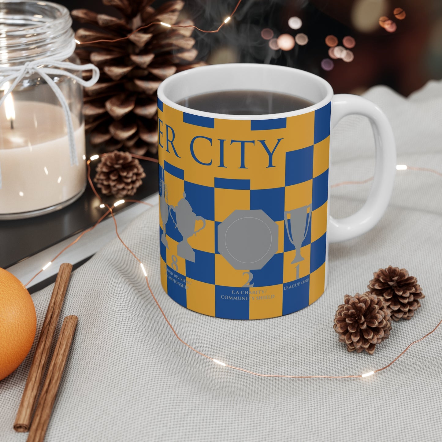 Leicester City Yellow & Blue Chequered Trophies Mug - Blue Header Text