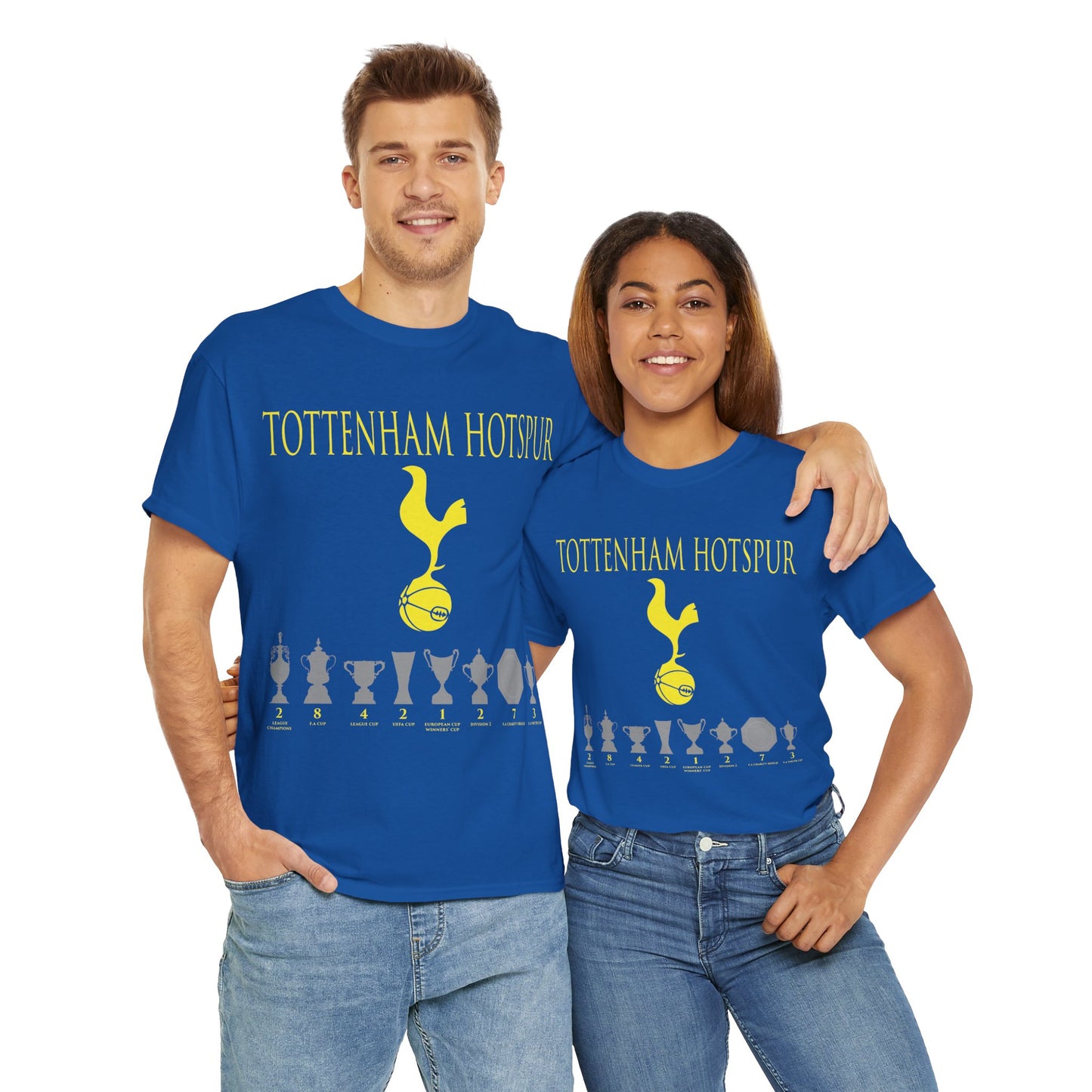 Tottenham Hotspur Cockerel & Trophies Unisex Heavy Cotton T-Shirt - Navy/White/Black/Gold/Light Blue/Royal
