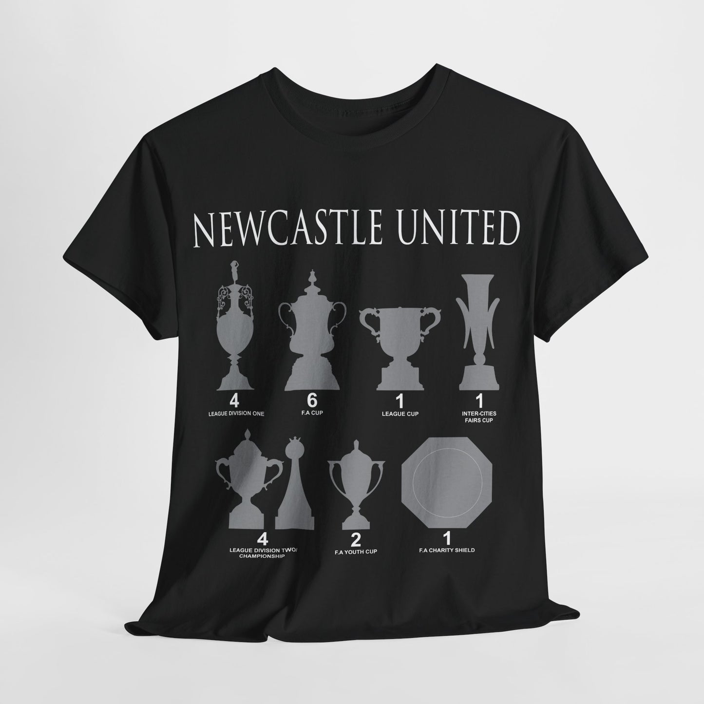 Newcastle United Trophies Unisex Heavy Cotton T-Shirt UPDATED - Black/White/Sport Grey/Charcoal