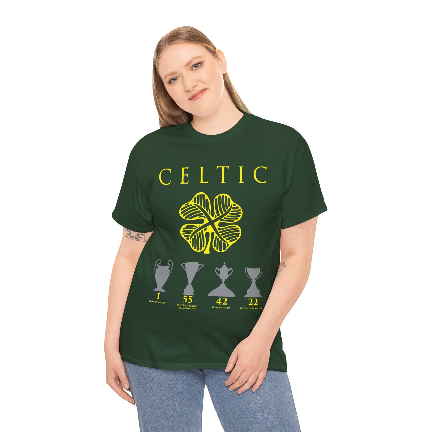 Celtic Clover & Trophies Unisex Heavy Cotton T-Shirt - Irish Green/Black/White/Gold/Sport Grey/Charcoal/Military Green/Forest Green