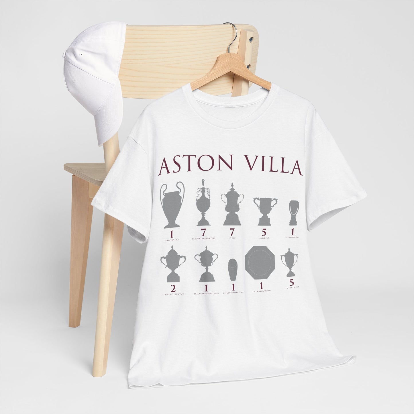 Aston Villa Trophies Unisex Heavy Cotton T-Shirt - Maroon/White/Light Blue