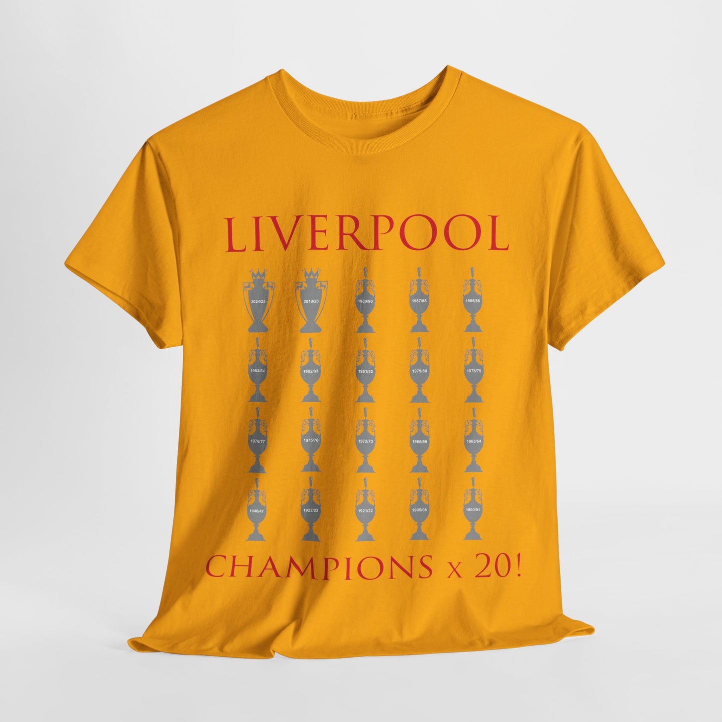Liverpool 20 Champions Unisex Heavy Cotton T-Shirt - Red/White/Black/Charcoal/Gold