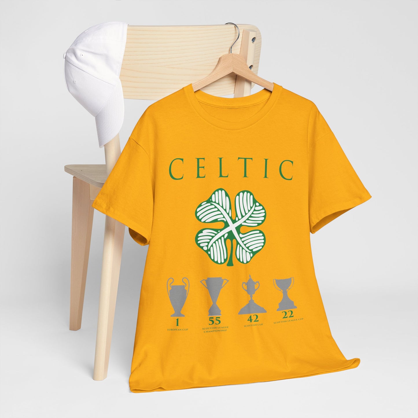 Celtic Clover & Trophies Unisex Heavy Cotton T-Shirt - Irish Green/Black/White/Gold/Sport Grey/Charcoal/Military Green/Forest Green