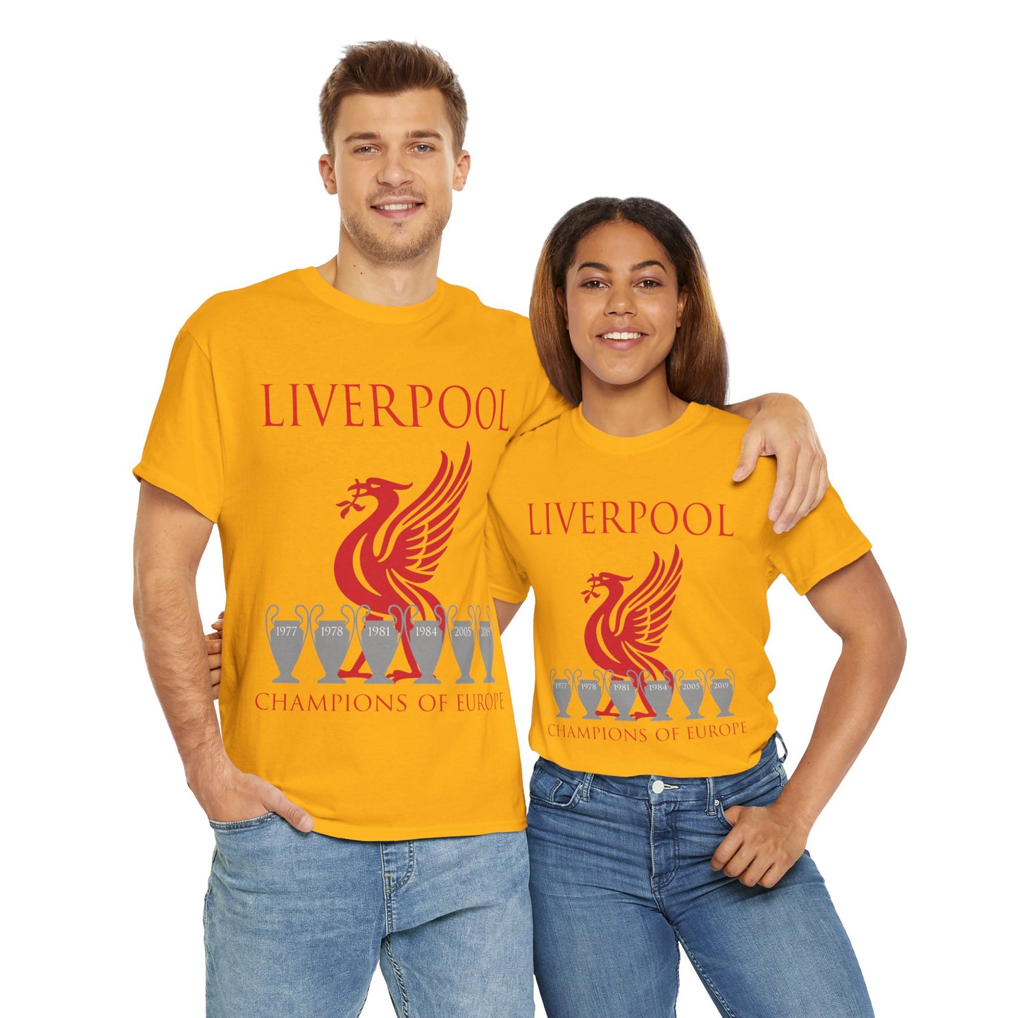 Liverpool Champions of Europe Unisex Heavy Cotton T-Shirt - Red/White/Black/Gold/Sport Grey/Charcoal