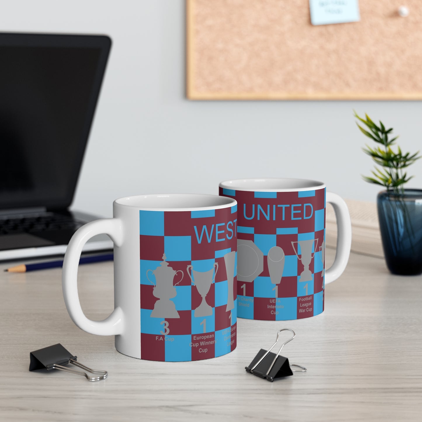 West Ham United Claret & Blue Chequered Trophies Mug - Blue Text