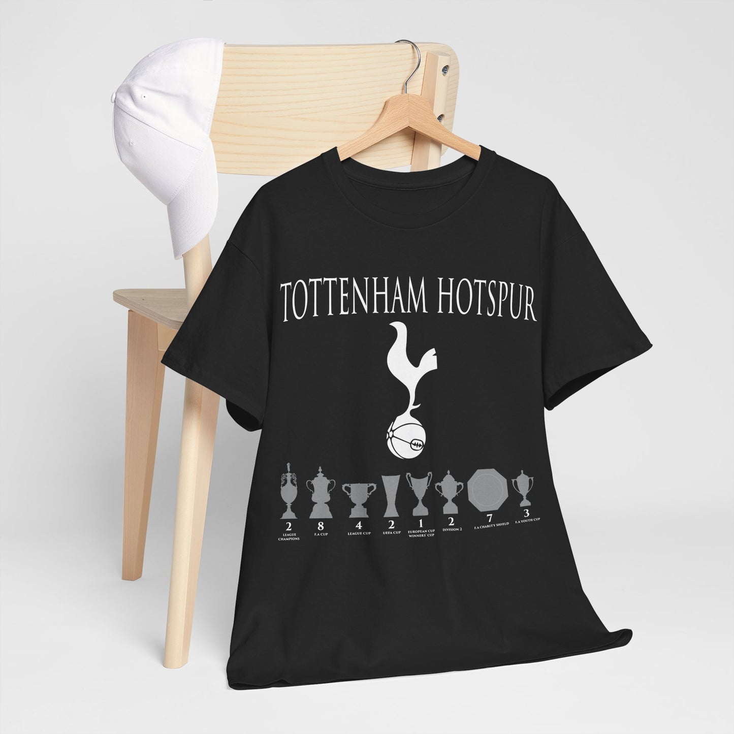 Tottenham Hotspur Cockerel & Trophies Unisex Heavy Cotton T-Shirt - Navy/White/Black/Gold/Light Blue/Royal
