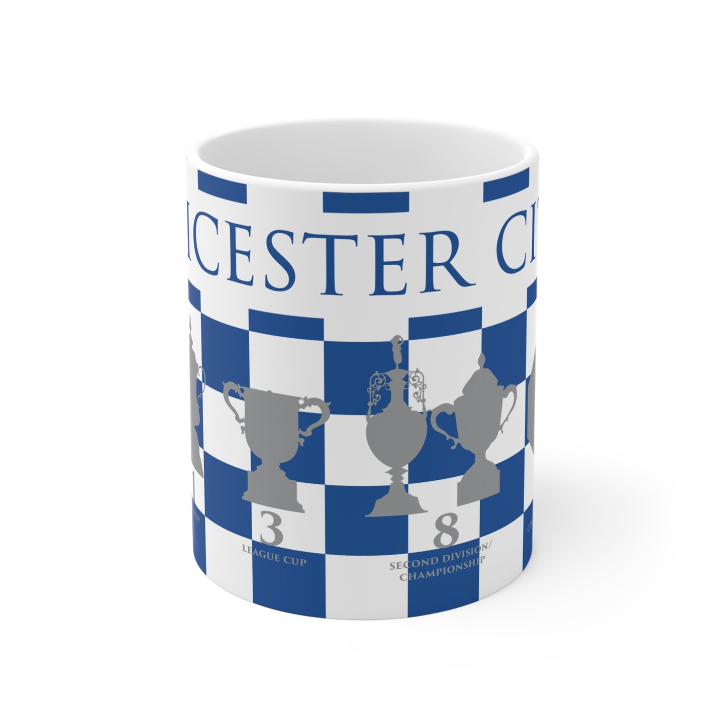 Leicester City Blue & White Chequered Trophies Mug - Blue Header Text