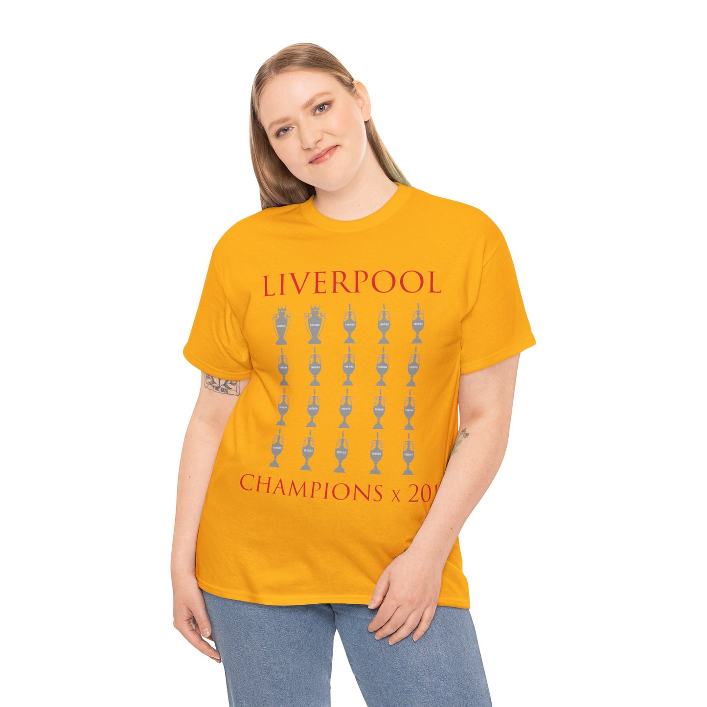 Liverpool 20 Champions Unisex Heavy Cotton T-Shirt - Red/White/Black/Charcoal/Gold
