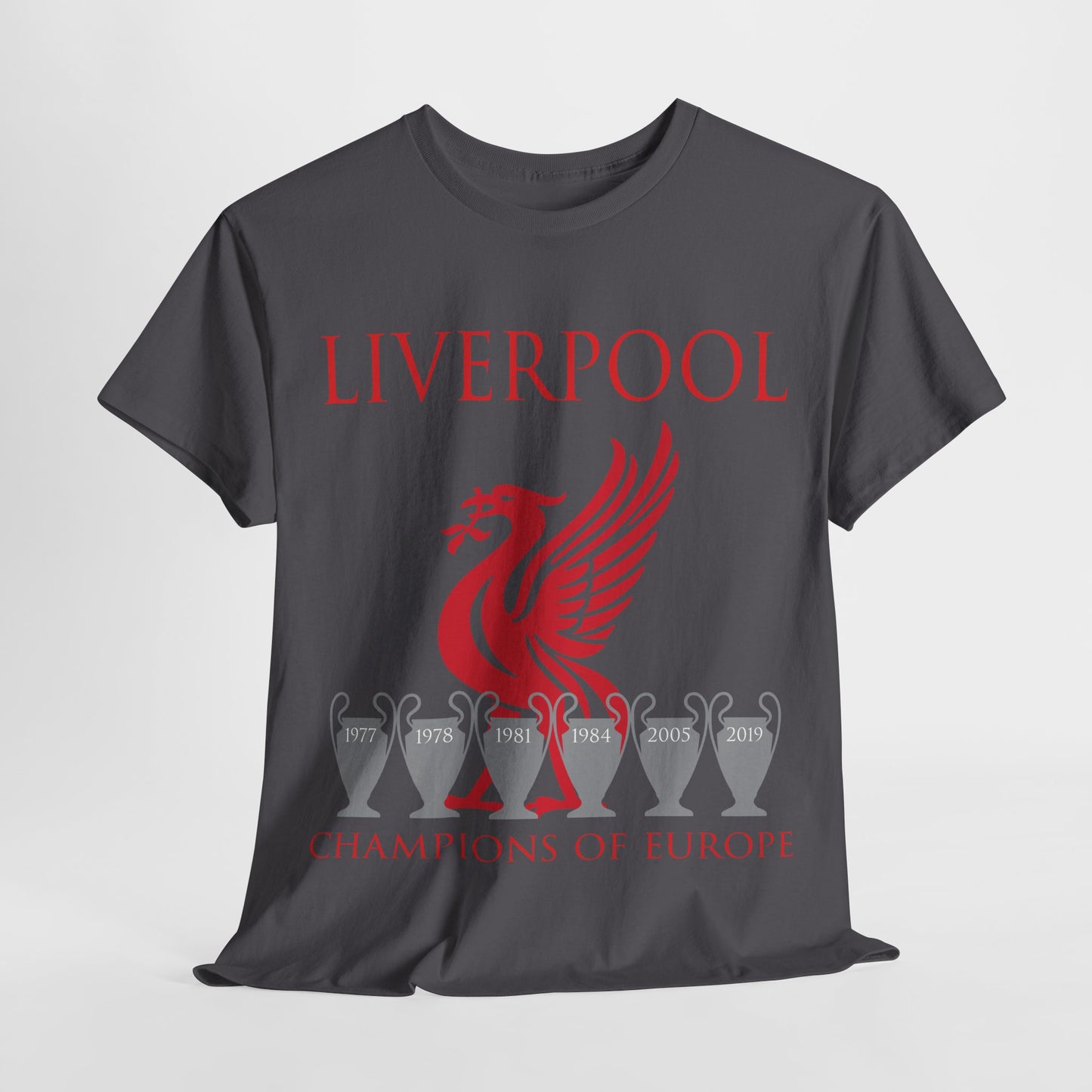 Liverpool Champions of Europe Unisex Heavy Cotton T-Shirt - Red/White/Black/Gold/Sport Grey/Charcoal