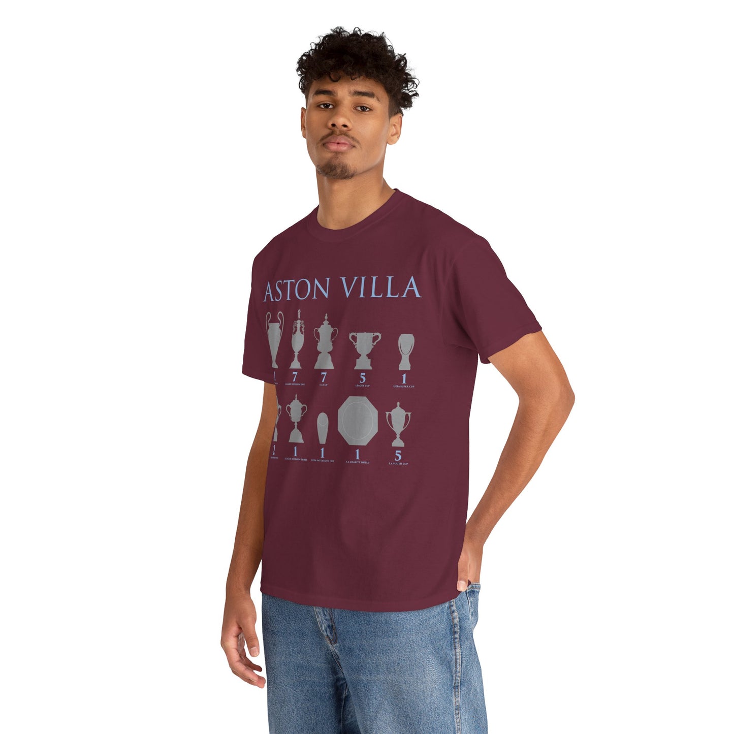 Aston Villa Trophies Unisex Heavy Cotton T-Shirt - Maroon/White/Light Blue