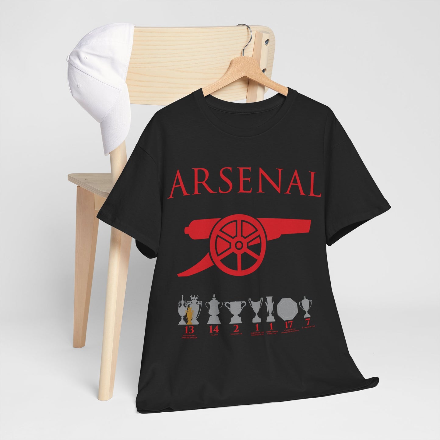Arsenal Cannon & Trophies Unisex Heavy Cotton T-Shirt - Red/White/Black/Gold/Royal