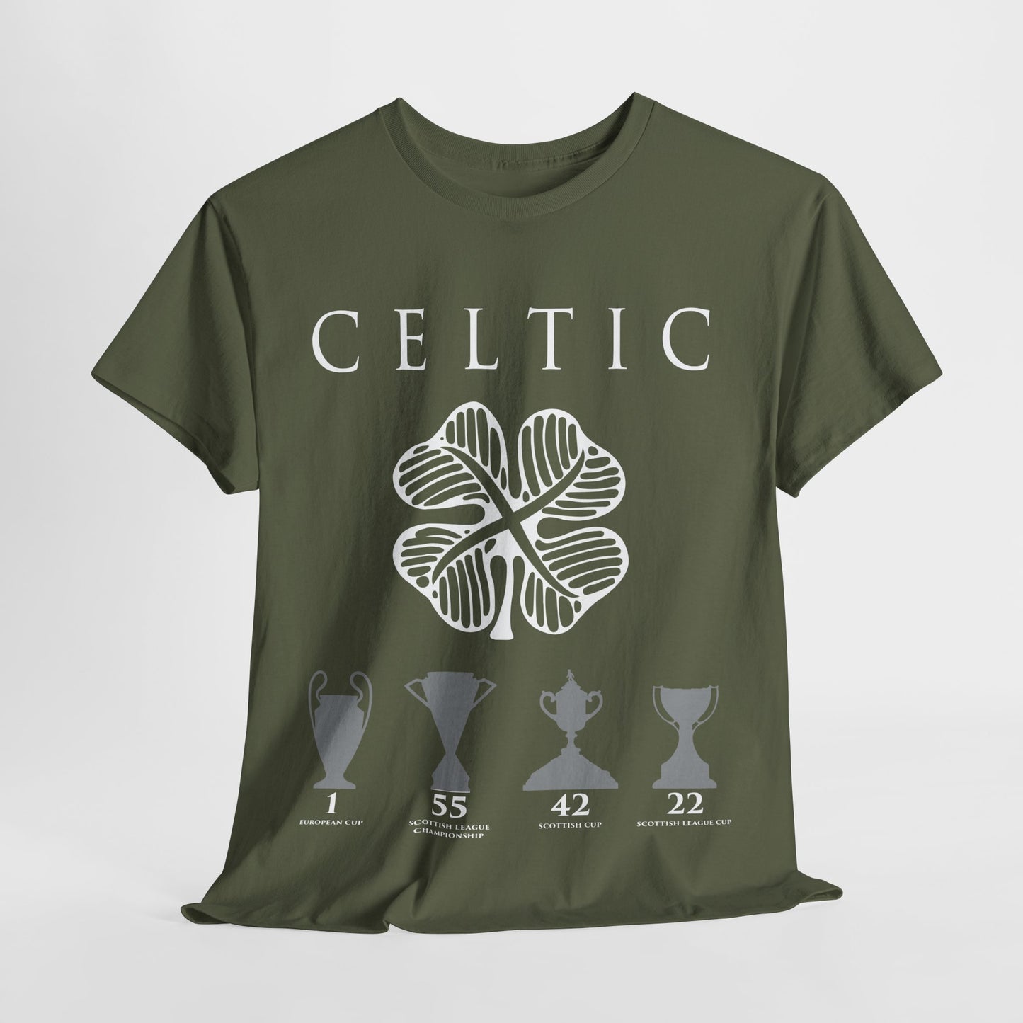 Celtic Clover & Trophies Unisex Heavy Cotton T-Shirt - Irish Green/Black/White/Gold/Sport Grey/Charcoal/Military Green/Forest Green