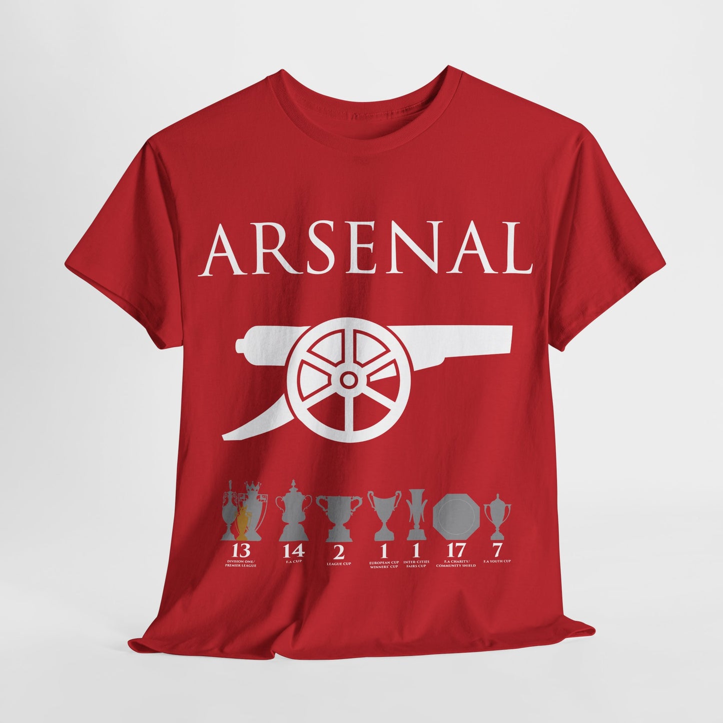 Arsenal Cannon & Trophies Unisex Heavy Cotton T-Shirt - Red/White/Black/Gold/Royal