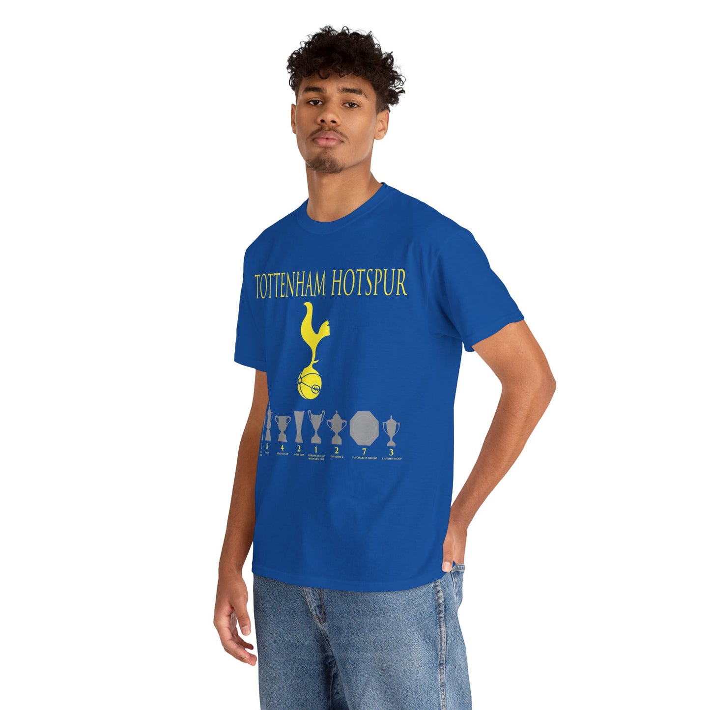 Tottenham Hotspur Cockerel & Trophies Unisex Heavy Cotton T-Shirt - Navy/White/Black/Gold/Light Blue/Royal