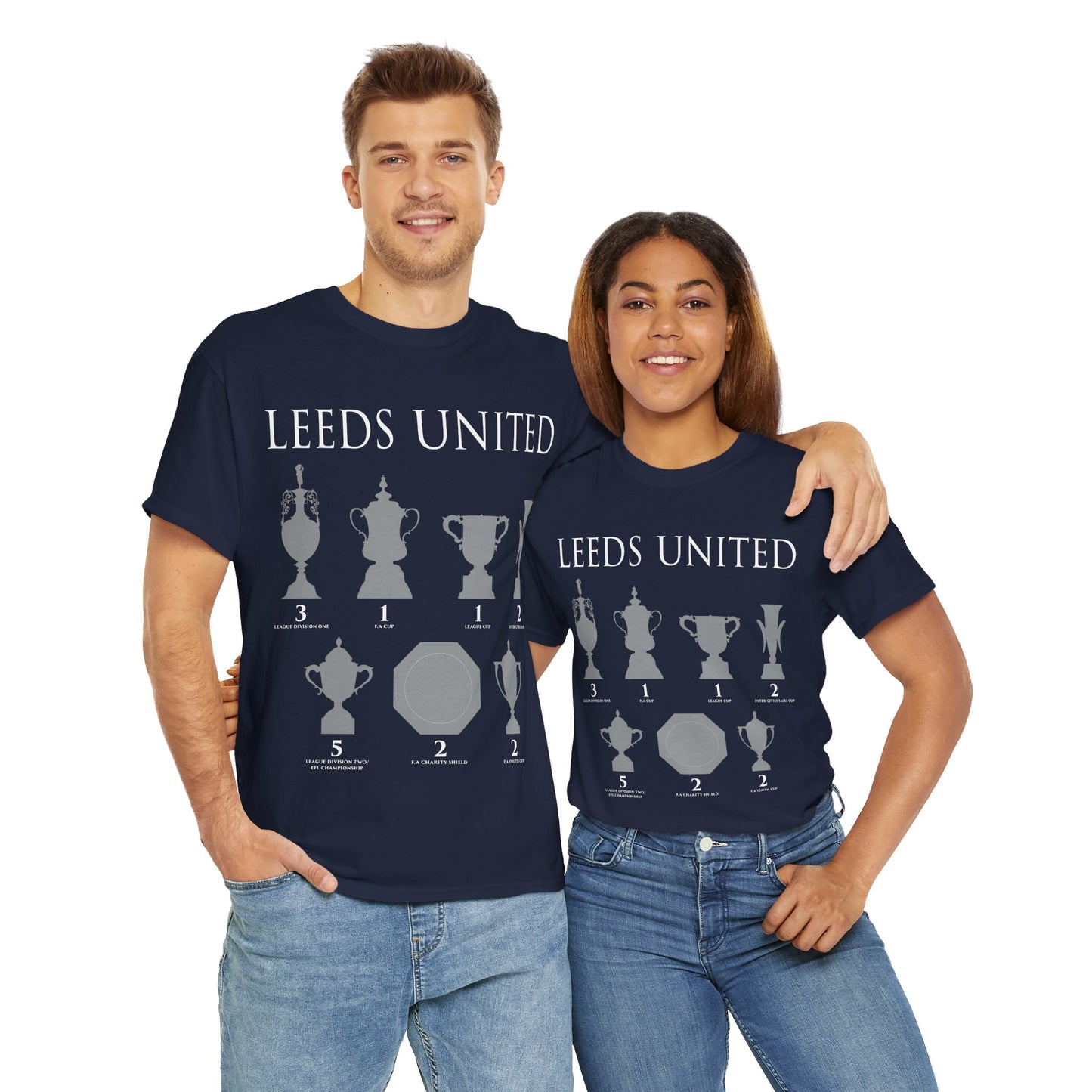 Leeds United Trophies Unisex Heavy Cotton T-Shirt - White/Black/Gold/Royal/Navy