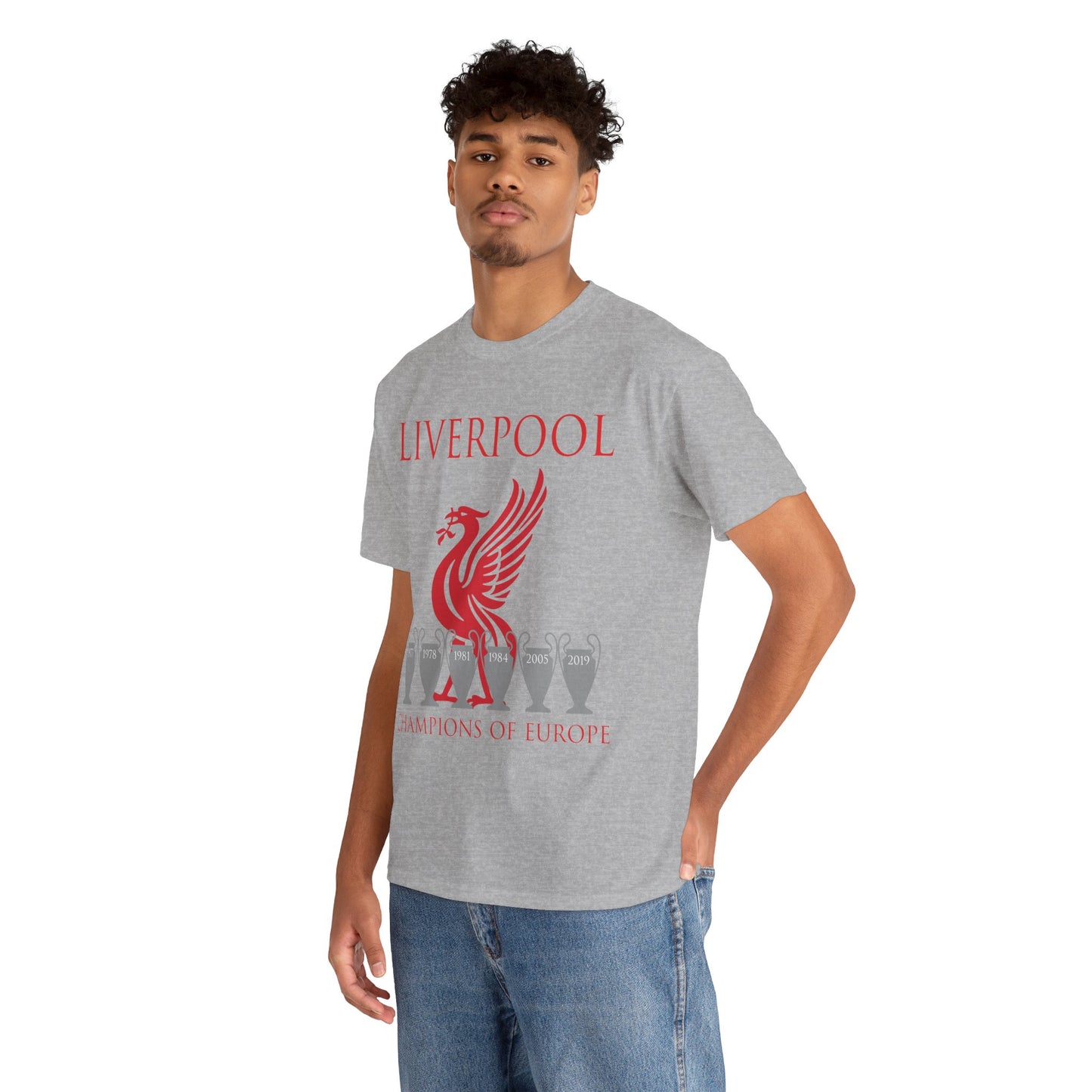 Liverpool Champions of Europe Unisex Heavy Cotton T-Shirt - Red/White/Black/Gold/Sport Grey/Charcoal