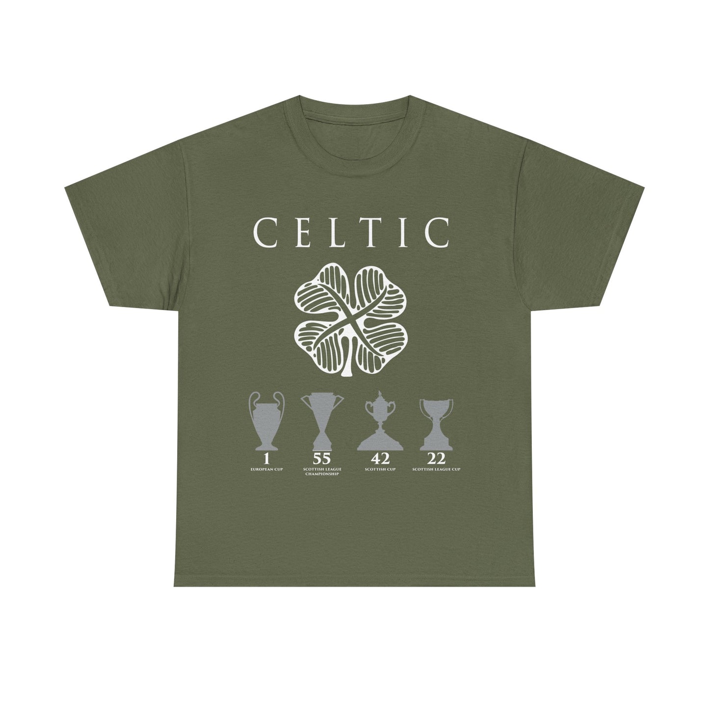 Celtic Clover & Trophies Unisex Heavy Cotton T-Shirt - Irish Green/Black/White/Gold/Sport Grey/Charcoal/Military Green/Forest Green
