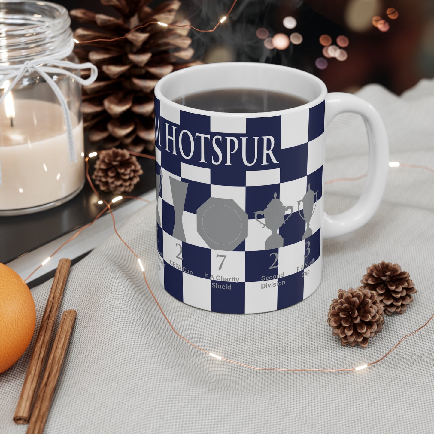 Tottenham Hotspur Blue & White Chequered Trophies Mug - White Header Text