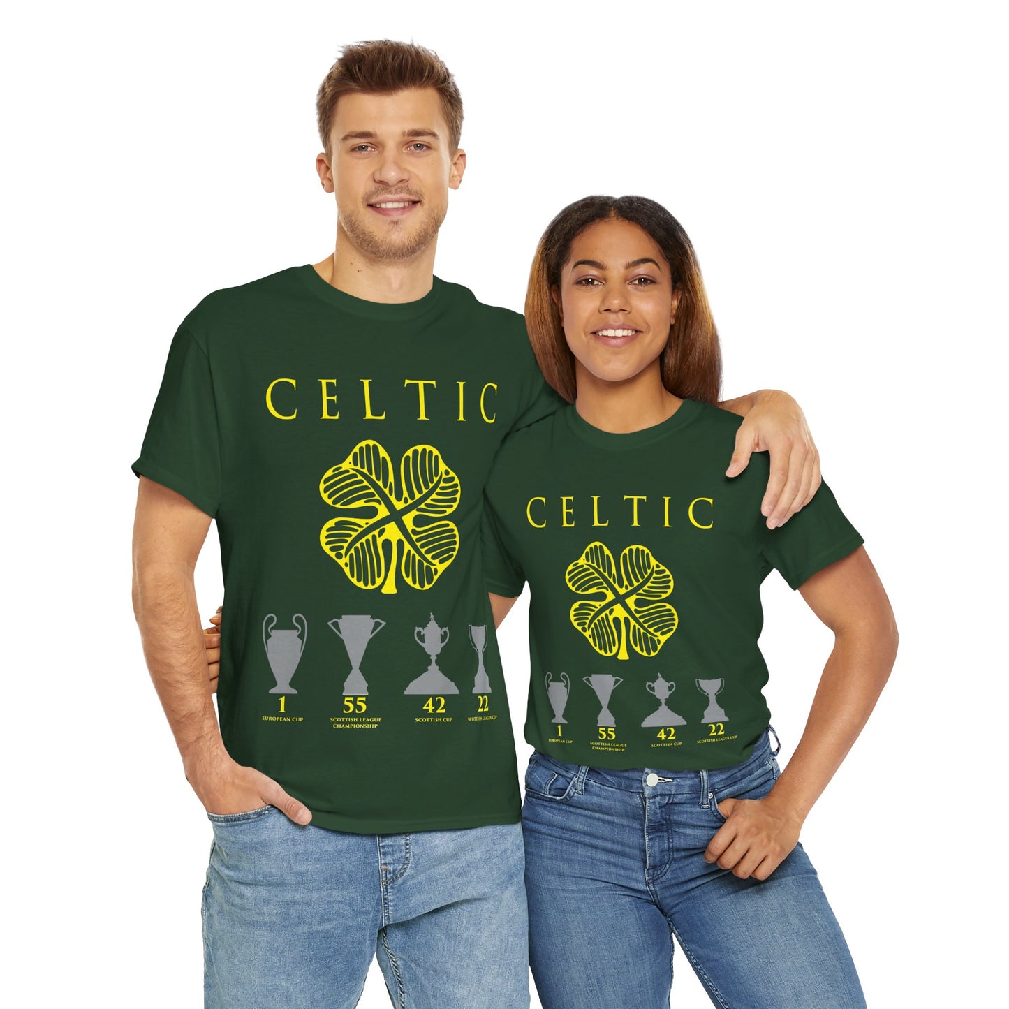 Celtic Clover & Trophies Unisex Heavy Cotton T-Shirt - Irish Green/Black/White/Gold/Sport Grey/Charcoal/Military Green/Forest Green