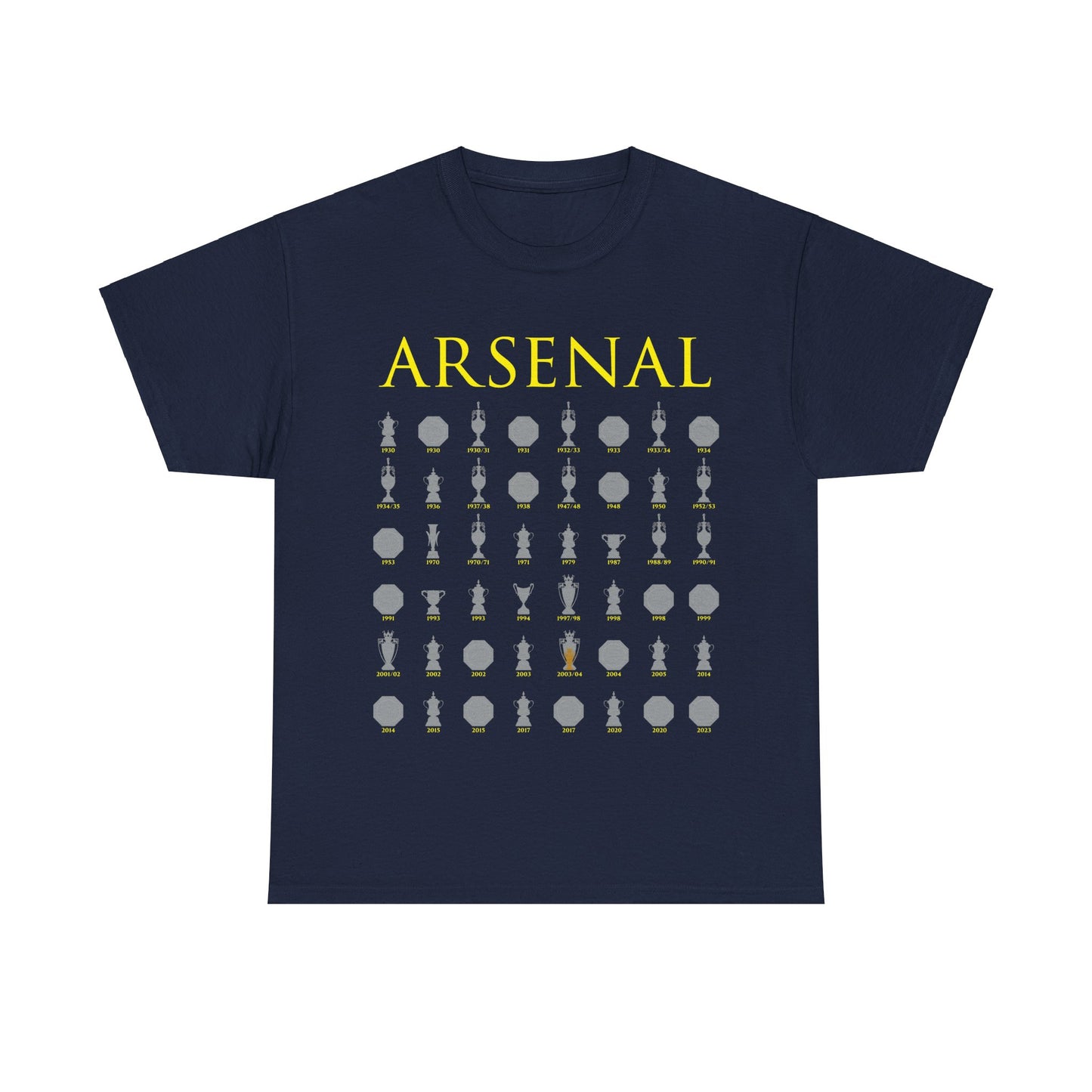Arsenal Trophies Collection Unisex Heavy Cotton T-Shirt - Red/White/Black/Gold/Royal/Charcoal/Navy