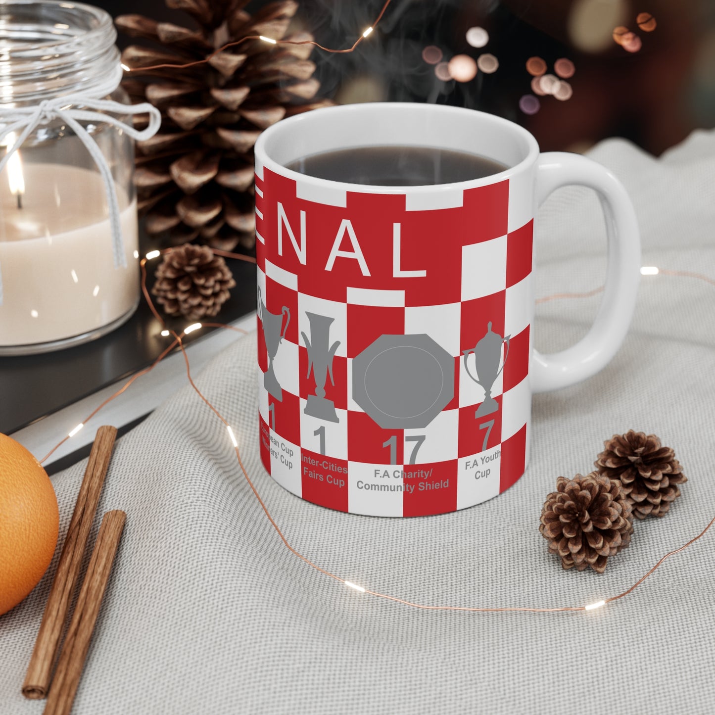 Arsenal Red & White Chequered Trophies Mug - White Text