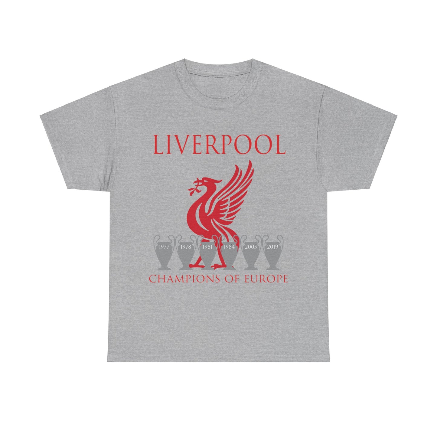 Liverpool Champions of Europe Unisex Heavy Cotton T-Shirt - Red/White/Black/Gold/Sport Grey/Charcoal