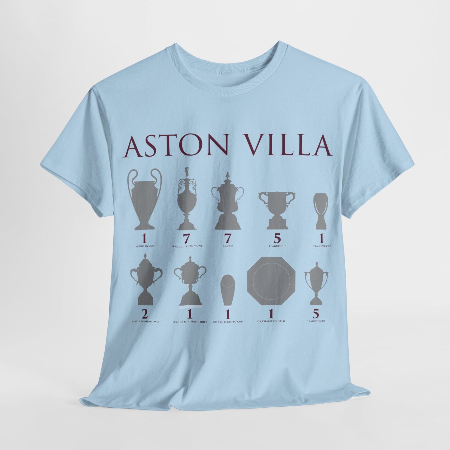 Aston Villa Trophies Unisex Heavy Cotton T-Shirt - Maroon/White/Light Blue
