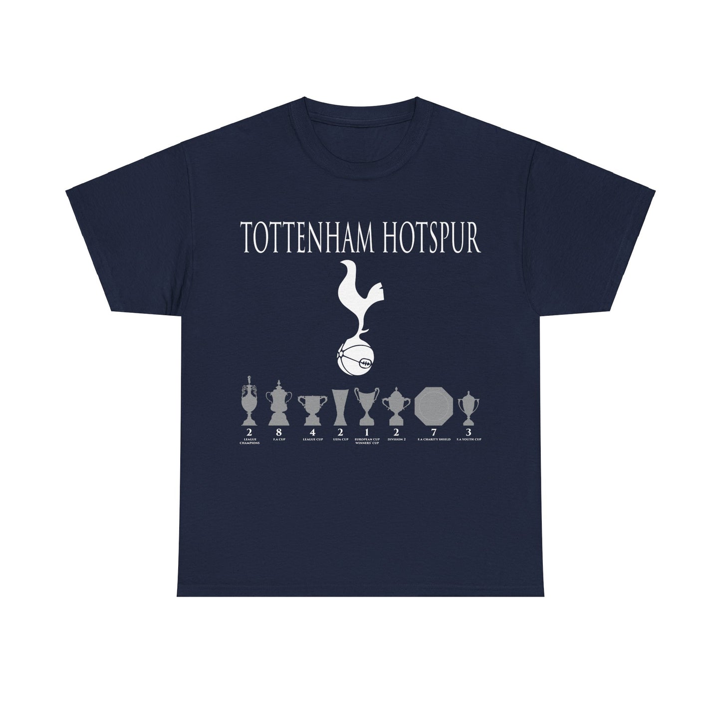 Tottenham Hotspur Cockerel & Trophies Unisex Heavy Cotton T-Shirt - Navy/White/Black/Gold/Light Blue/Royal
