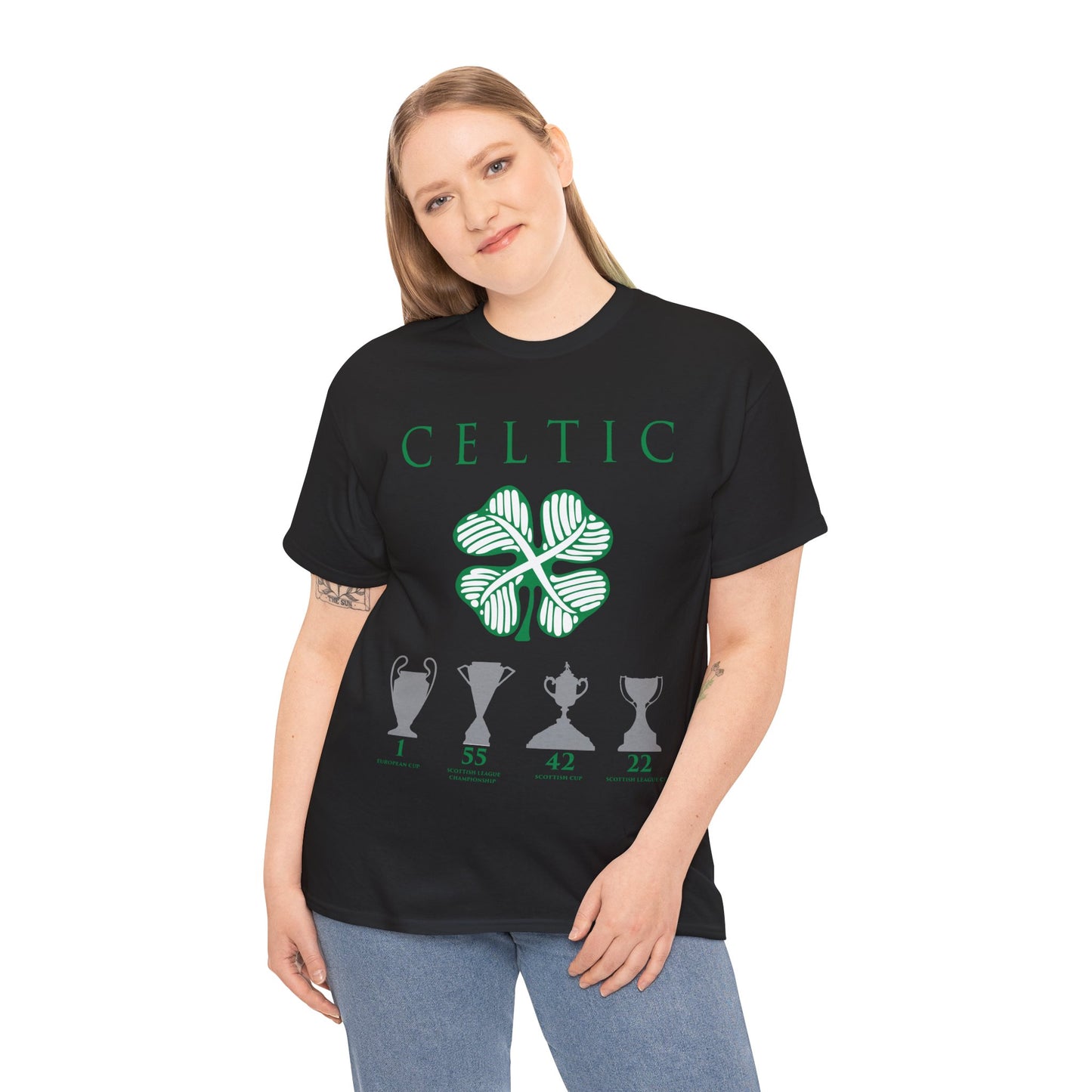 Celtic Clover & Trophies Unisex Heavy Cotton T-Shirt - Irish Green/Black/White/Gold/Sport Grey/Charcoal/Military Green/Forest Green