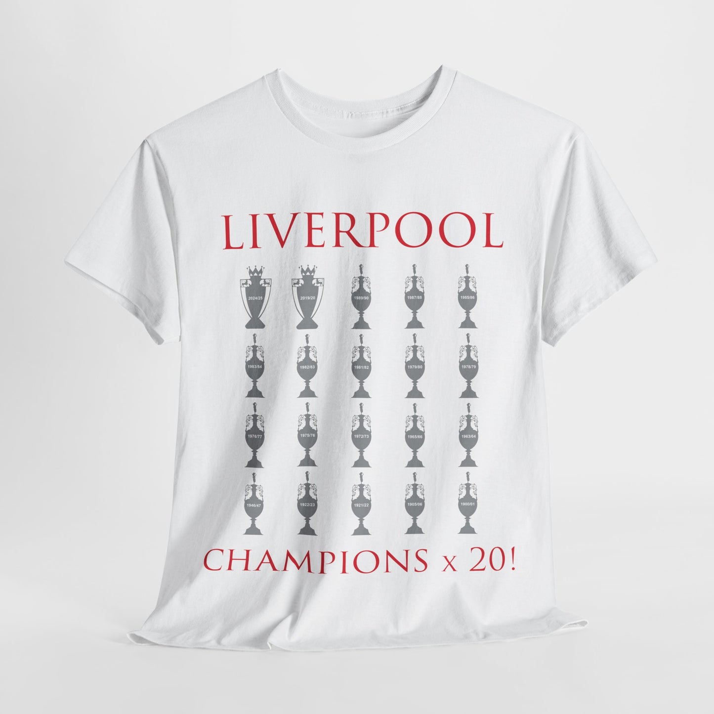 Liverpool 20 Champions Unisex Heavy Cotton T-Shirt - Red/White/Black/Charcoal/Gold