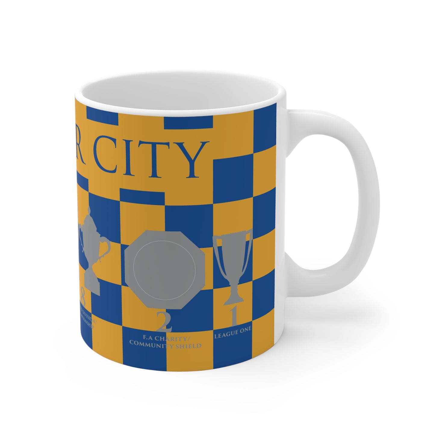 Leicester City Yellow & Blue Chequered Trophies Mug - Blue Header Text